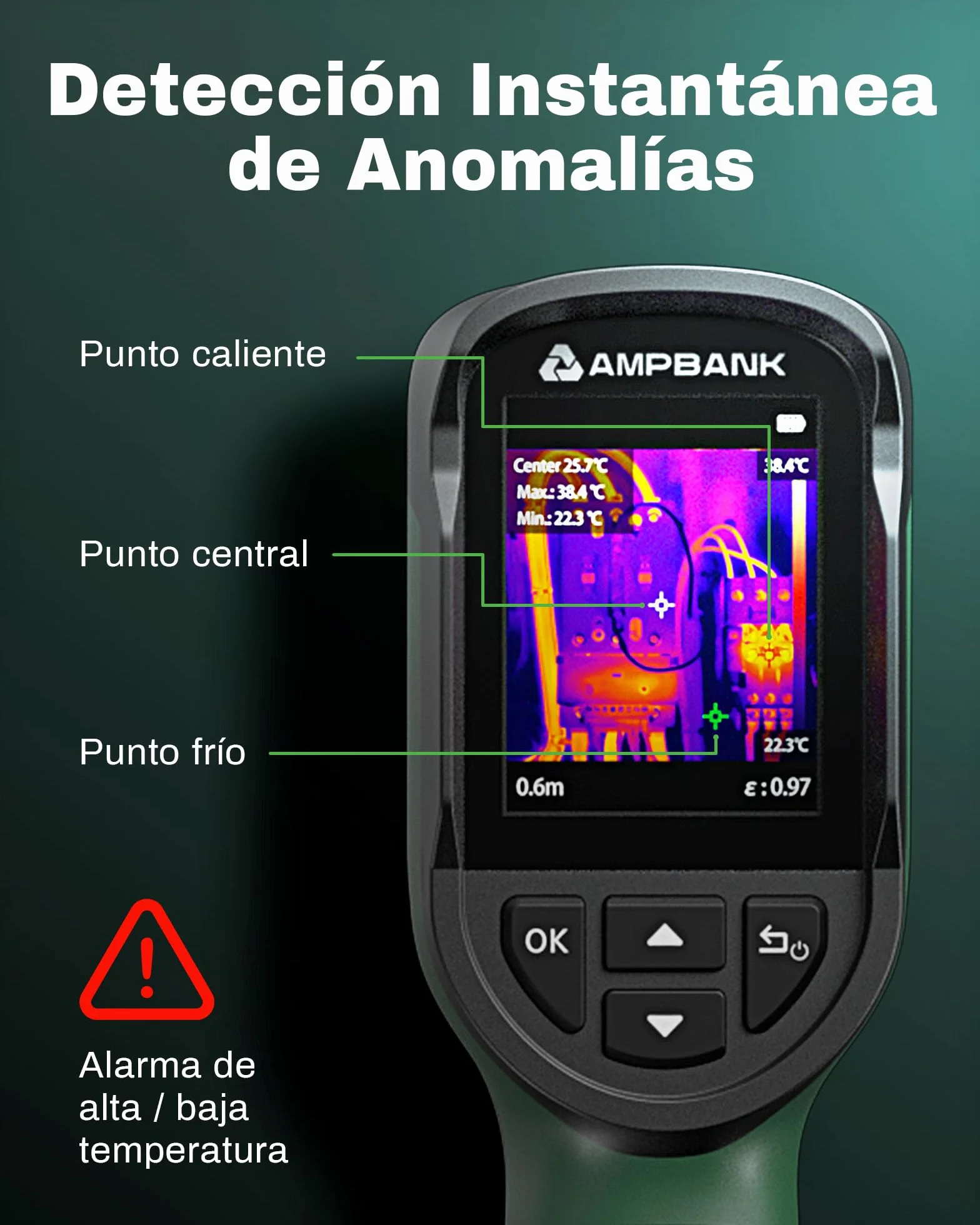 AMPBANK Camara Termica 240x240 TISR Resolución, Camara Termografica con 24 Horas Duración de Batería, 25 Hz, -20℃ a 450℃ Rango de Temperatura con Alarma de Temperatura, IP65