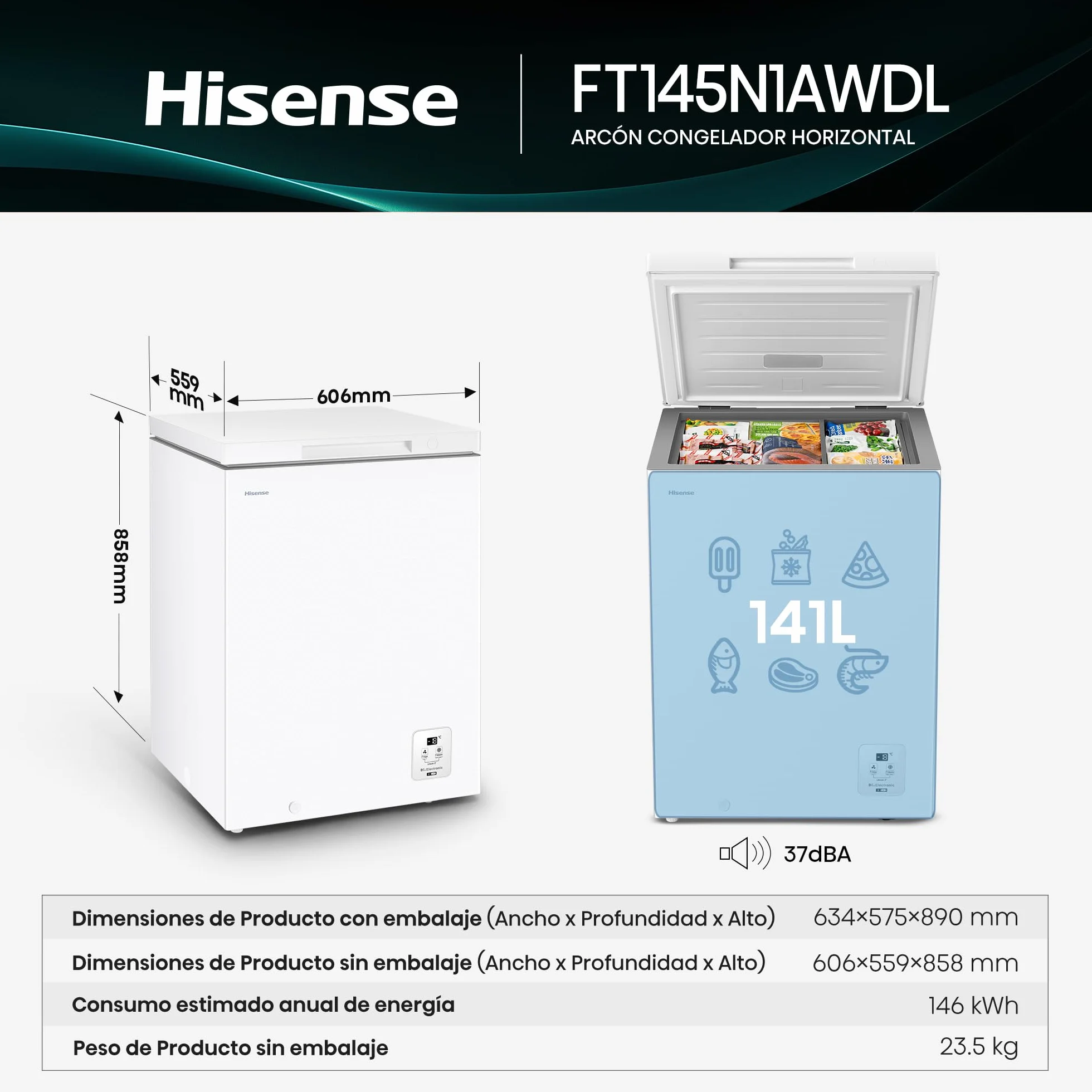 Hisense Arcón Congelador Horizontal 141L 86cm Congelación 360° Convertible Control Electrónico Freezer Protect Blanco