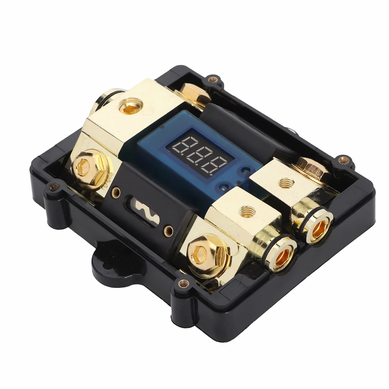 Bloque de soporte de disyuntor de 100 A con pantalla de voltaje digital LED - 1 entrada, 2 salidas para sistemas de audio, yates y automóviles
