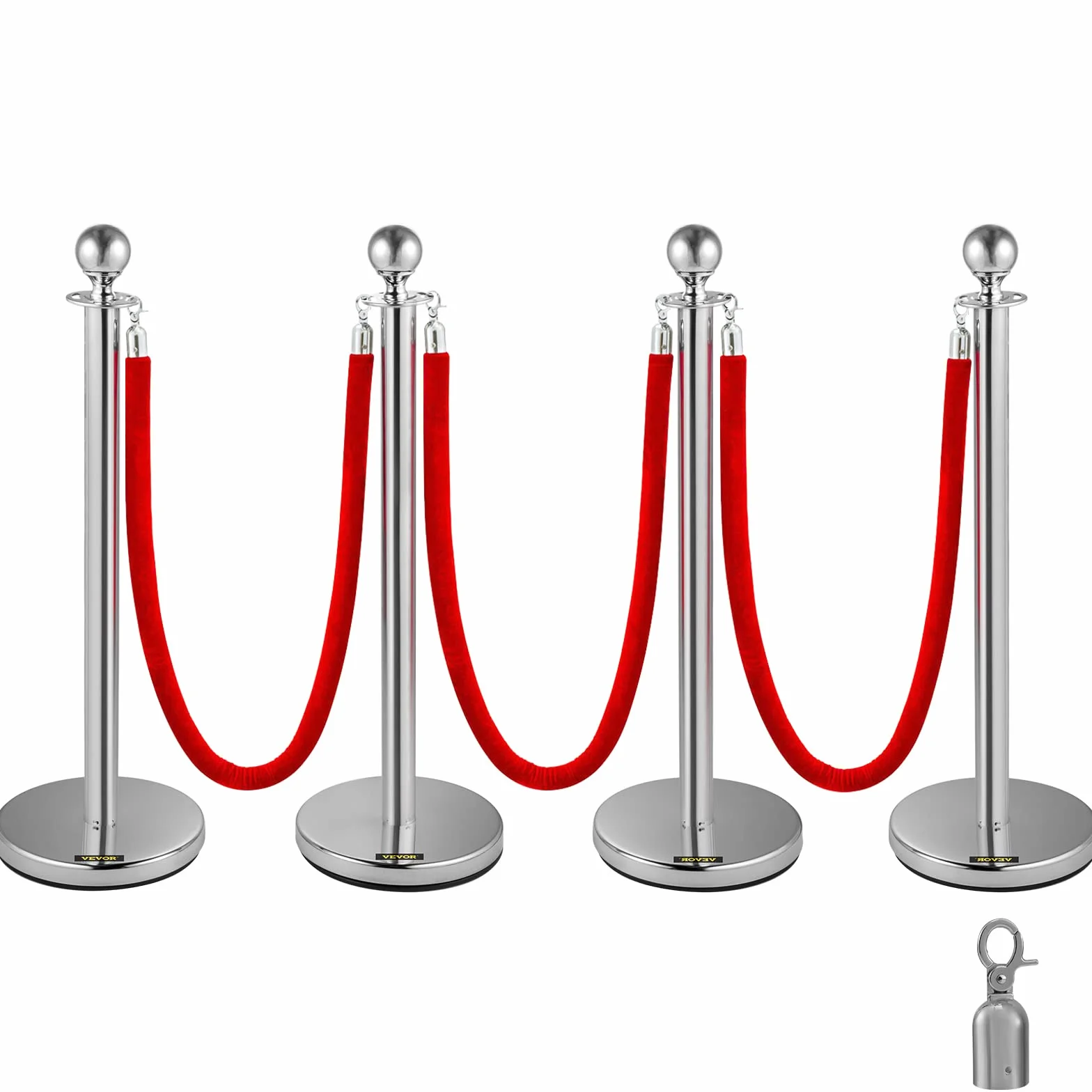 VEVOR Poste Separador de Cinta Extensible 4 Juegos Barreras de Seguridad 3 Cuerdas Longitud 1.5m Plata