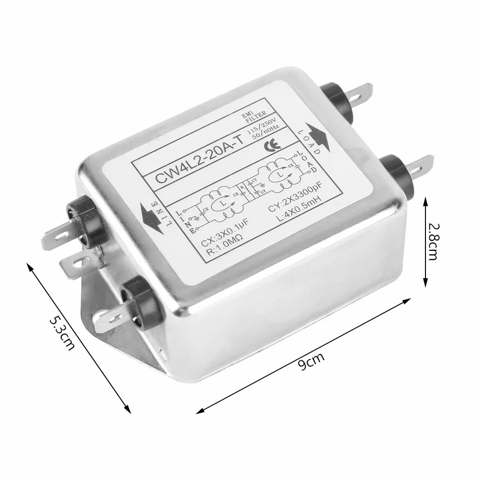 Fafeicy EMI Filtro de línea CW4L2-20A-T, 115V / 250V 20A 50 / 60Hz filtro de fuente de alimentación, terminal de filtro de fuente de alimentación, para la mayoría de los dispositivos digitales (1)