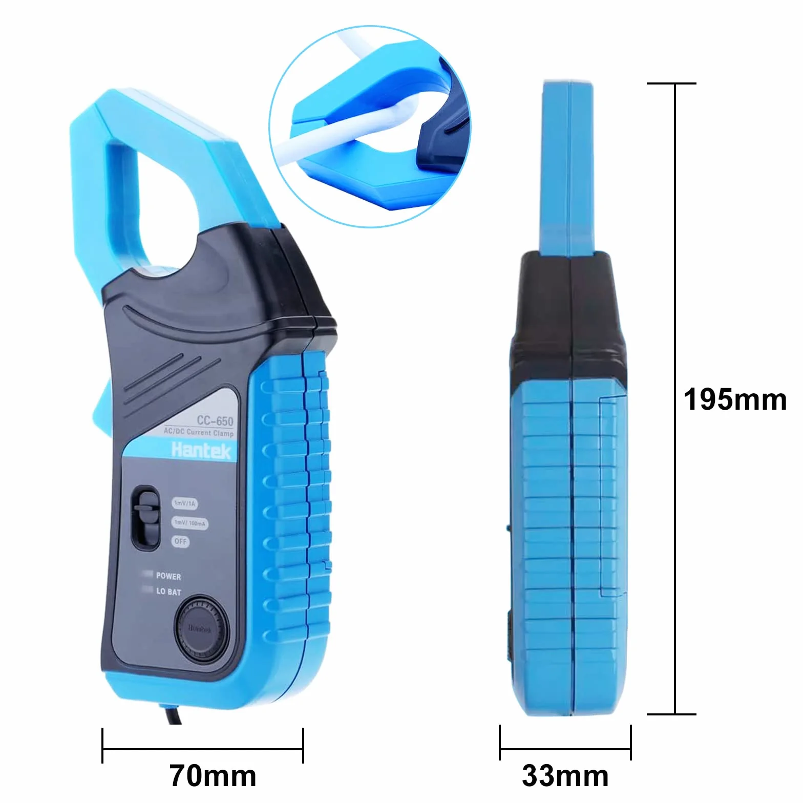 Hantek CC650 Pinza de corriente CA/CC ancho de banda de 400Hz, 1mV/10mA, Osciloscopios automáticos 650A y DMM, Conector BNC