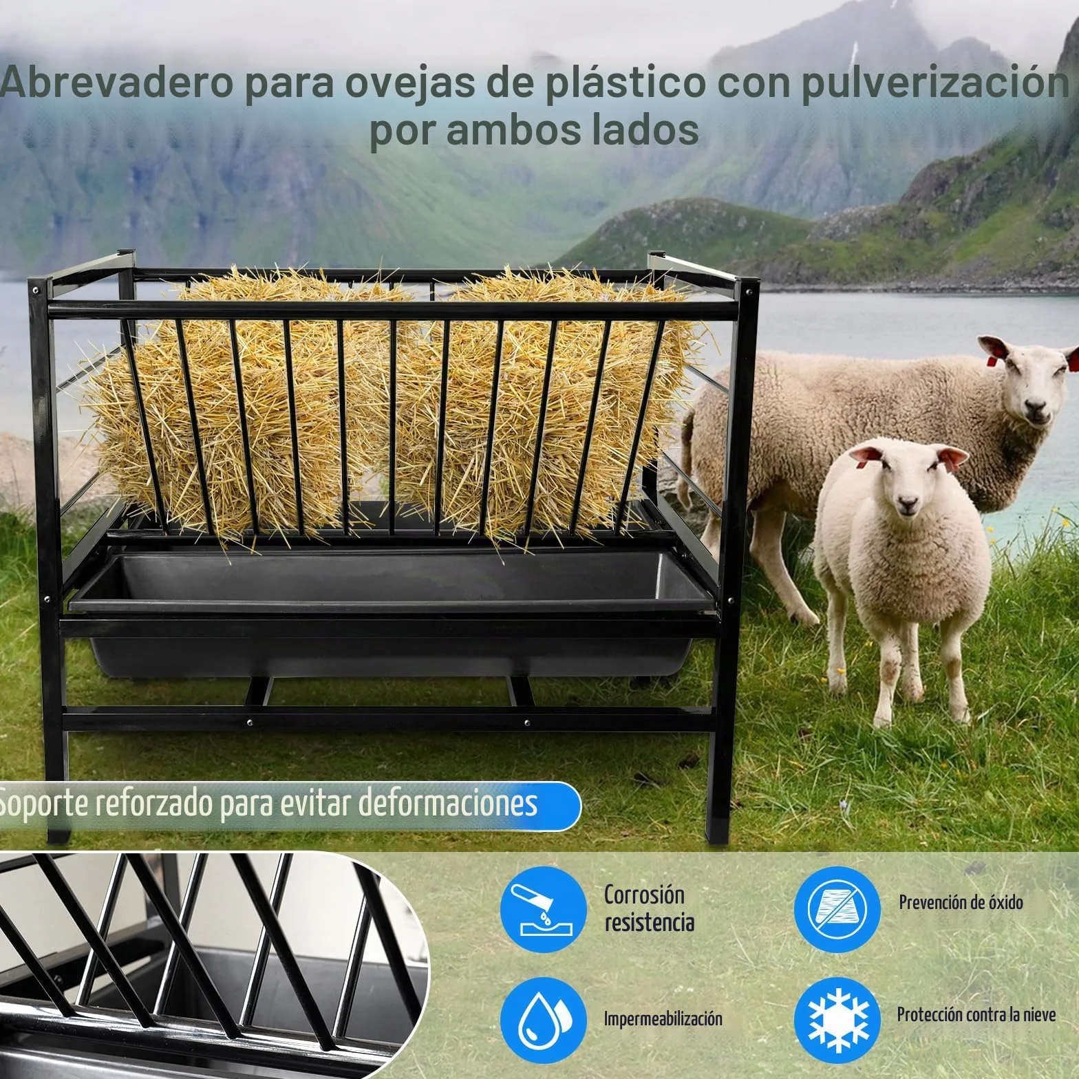 Comedero de heno 2 en 1 para cabras, caballos, vacas, ovejas y ganado - Comedero de grano para pasto al aire libre con 2 canales de alimentación más profundos para el ganado