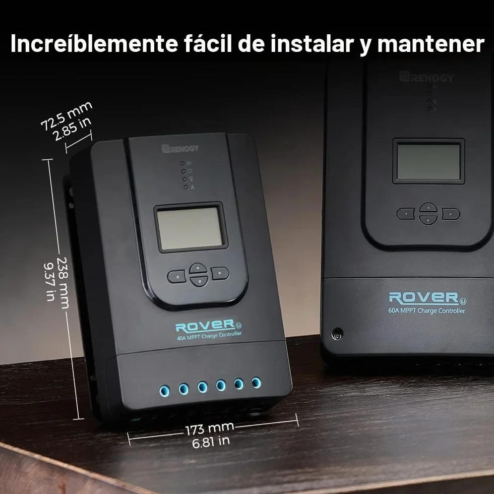 Renogy Regulador de Carga Solar MPPT 40A 12V/24V con Pantalla LCD Ajustable y Entrada DC Compatible con Módulo Bluetooth