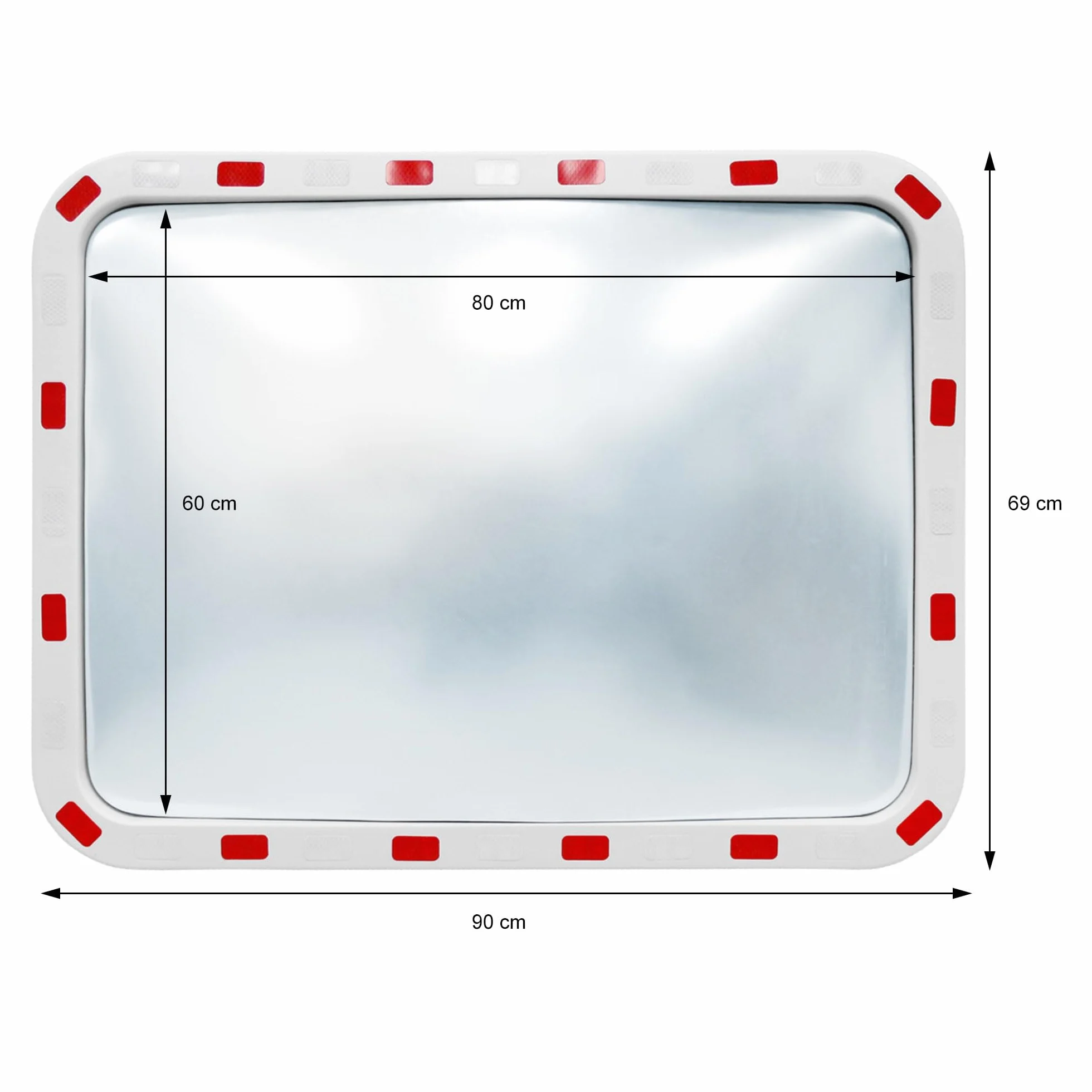 ECD Germany Espejo de tráfico rectangular cristal convexo de 60 x 80 cm con reflectores - Incluye soporte - Material de plástico ABS - blanco-rojo - Luna de seguridad de vigilancia observación cruce