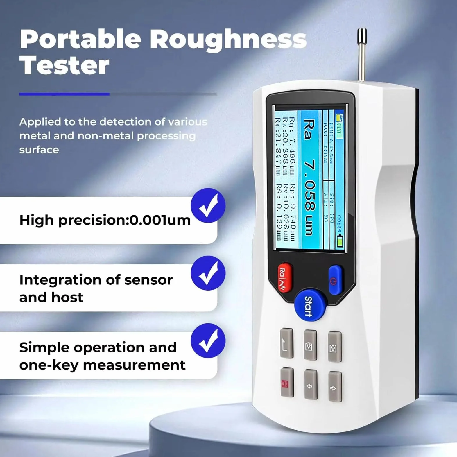 Rugosímetro, Medidor de Superficie Digital Portátil con 13 Parámetros, Medidor de Rugosidad de Alta Precisión de 0,001 μm, con App y Bluetooth, para una Medición de Superficies Precisa