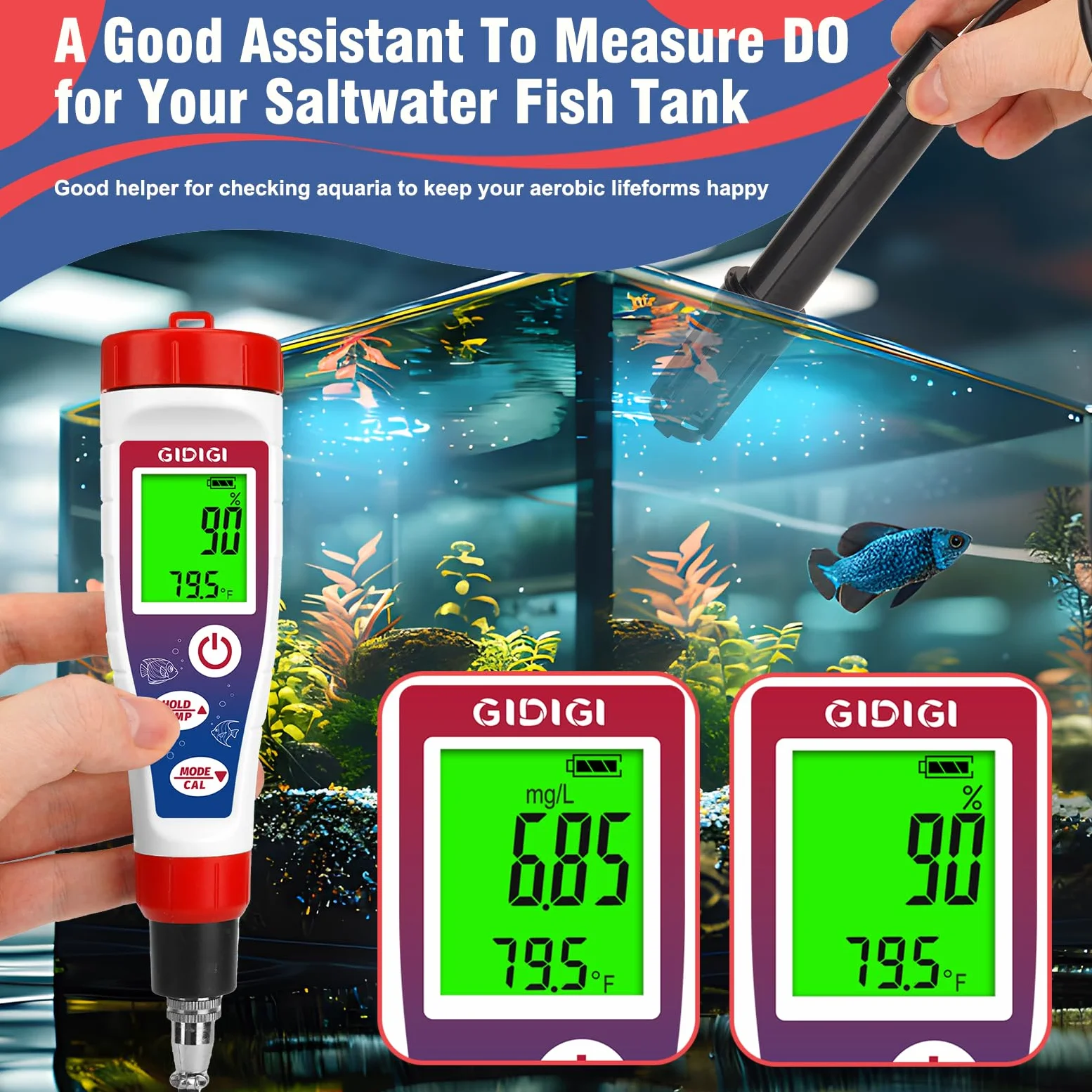 Medidor de oxígeno disuelto, probador de oxígeno de estanque, probador DO de 0.0-40.0 mg/L con cable de sonda extendido de 5 pies, ATC, LCD retroiluminado, para estanque, acuario, aguas residuales