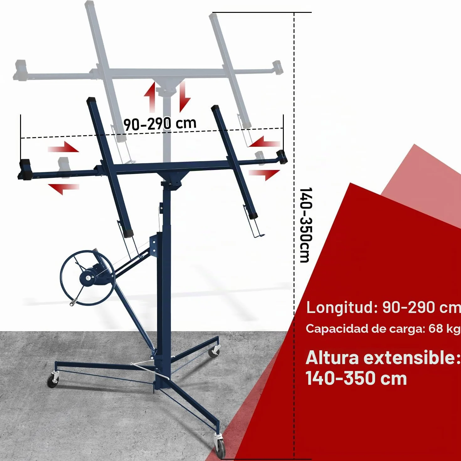 Elevador de placas XXL plegable hasta máx. 68 kg, para paneles de yeso y placas de riego, altura de trabajo regulable de 140 a 350 cm, altura de trabajo ajustable, máx. 290 cm de ancho de