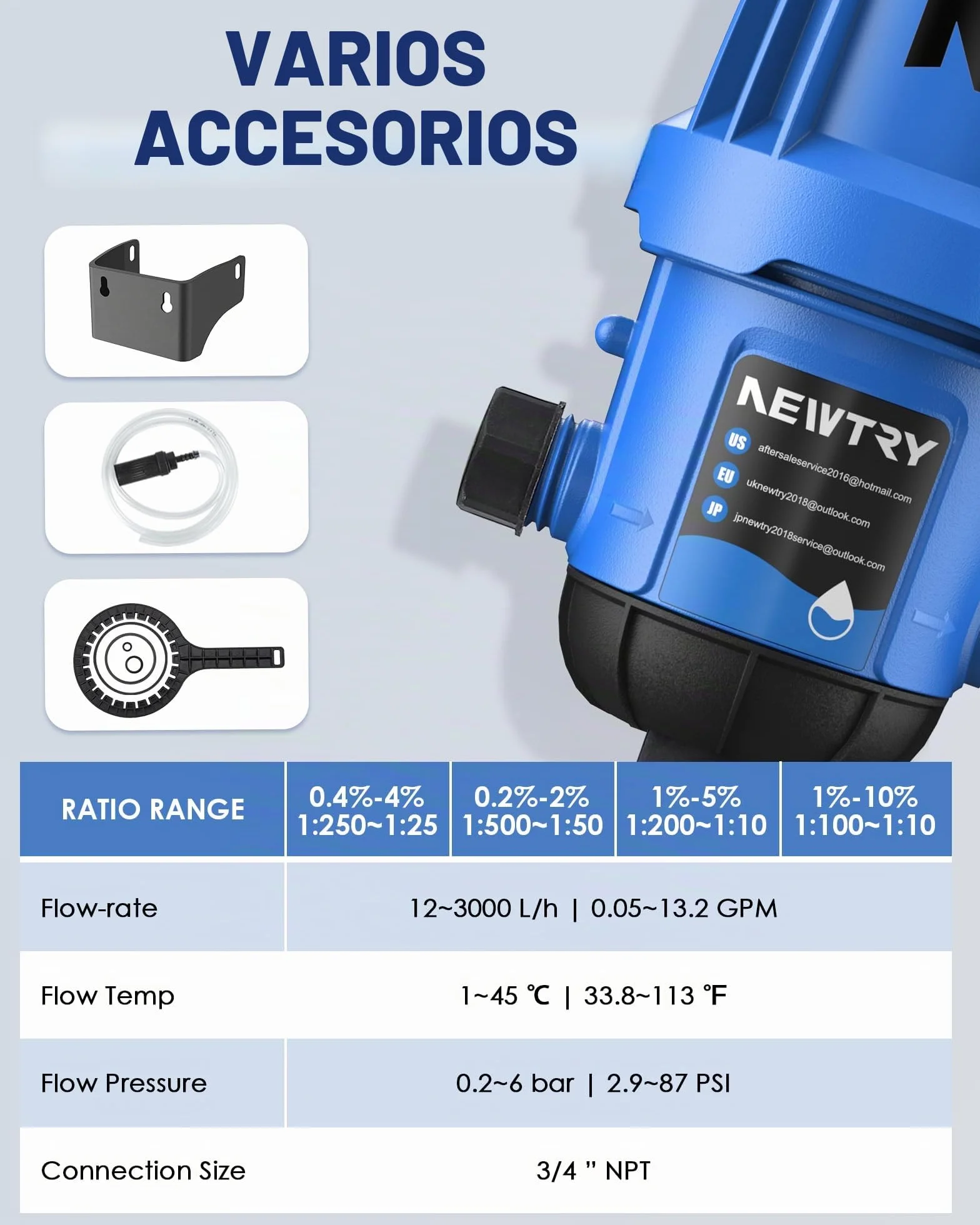 NEWTRY Inyector de fertilizante de riego por goteo, bomba proporcional ajustable del 1 al 10%, bomba dosificadora NPT de 3/4 pulgadas para jardín, sistema hidropónico y de riego