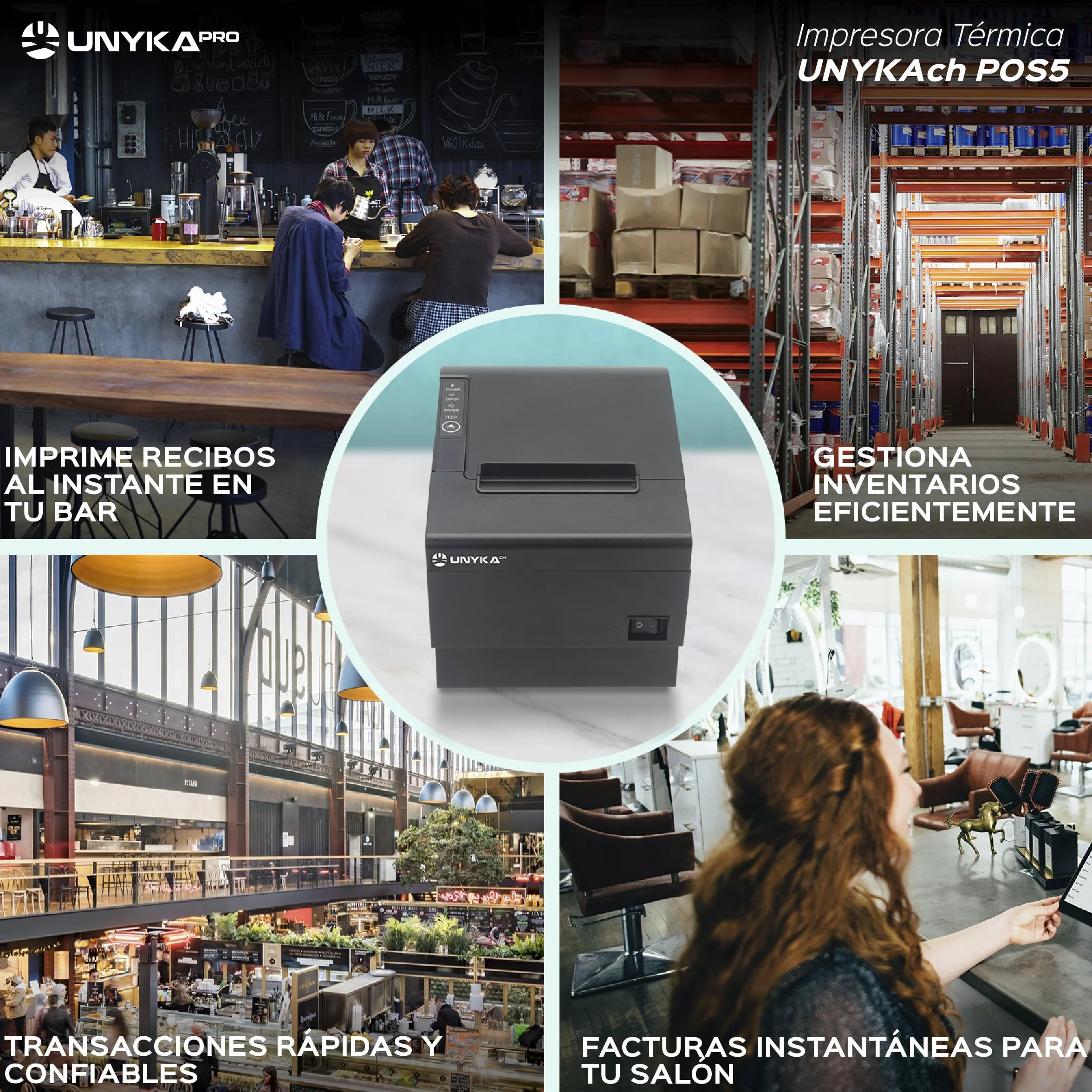 Unykach Impresora Térmica de Tickets POS5 con Corte Automático, USB, RJ12, RJ11, LAN, Compatible Windows, JPOS, OPOS, Linux, Android, Mac