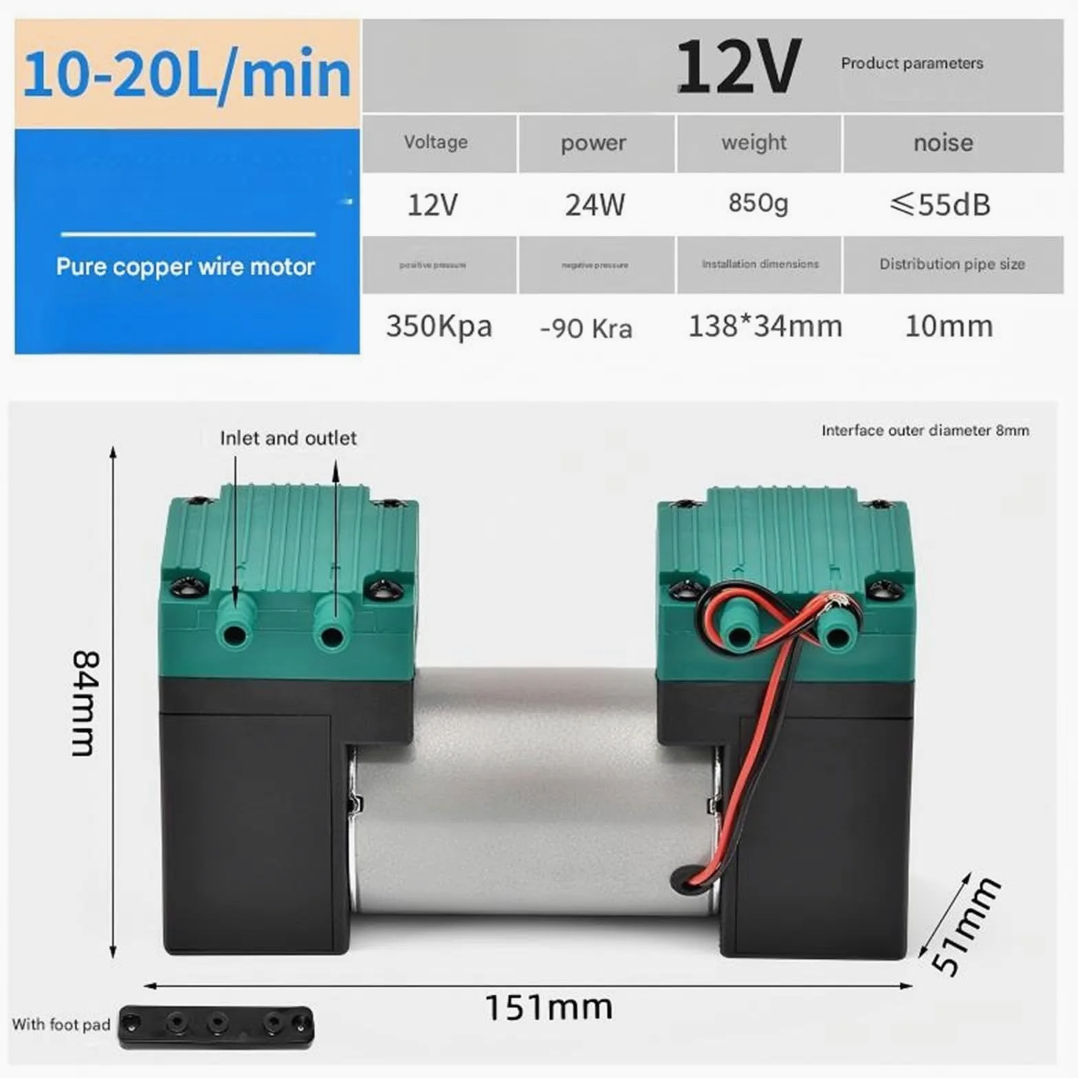 Bomba de vacío CC en miniatura 12V, 20l/min, bomba presión negativa Industrial, succión diafragma a prueba de fugas