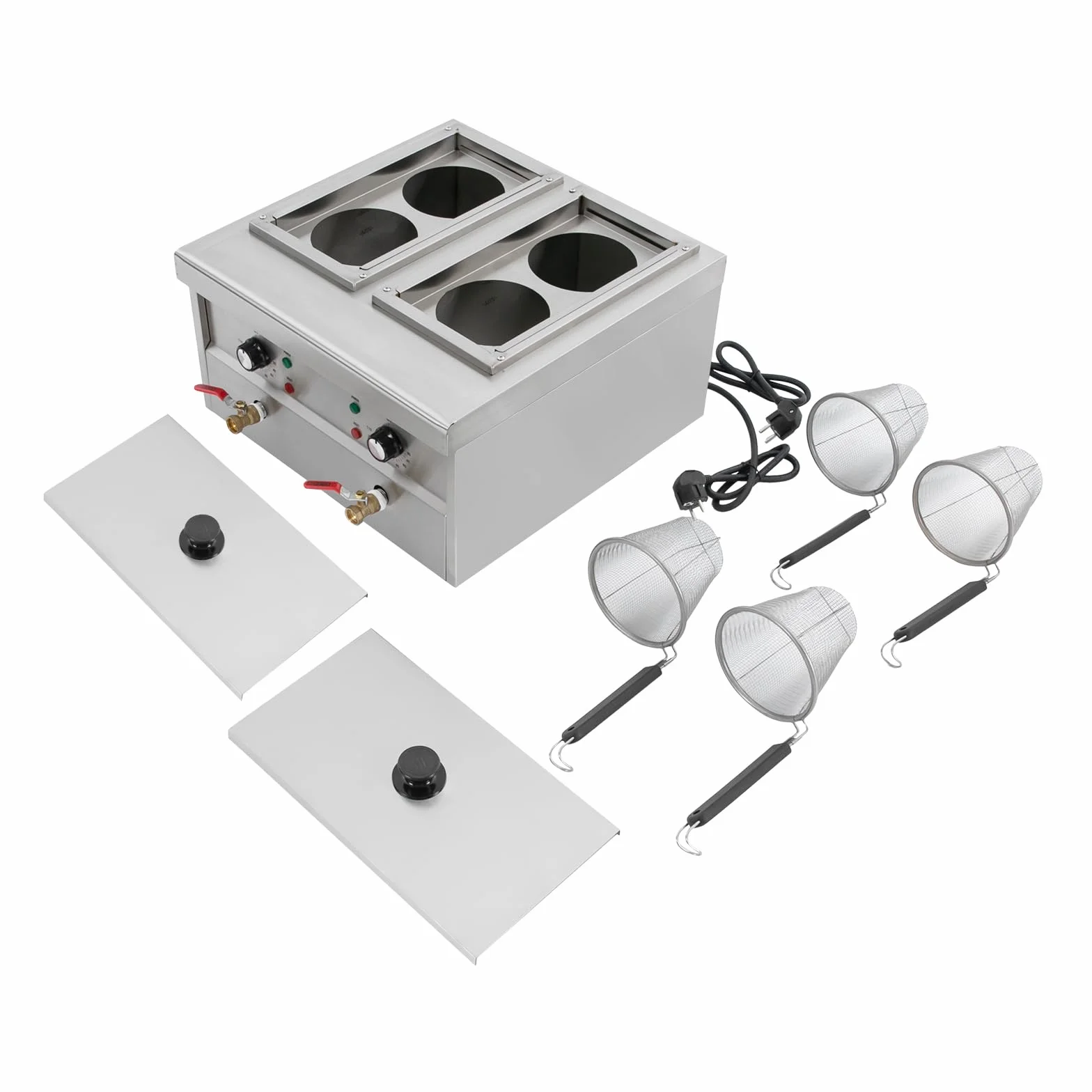 Hervidor de pasta eléctrico, 2 x 2 kW, cómoda máquina de cocinar pasta con 4 cestas de colador, 220 V, diseño de 4 agujeros, capacidad nominal 2 x 9 L, ajustable a 30 – 110 °C