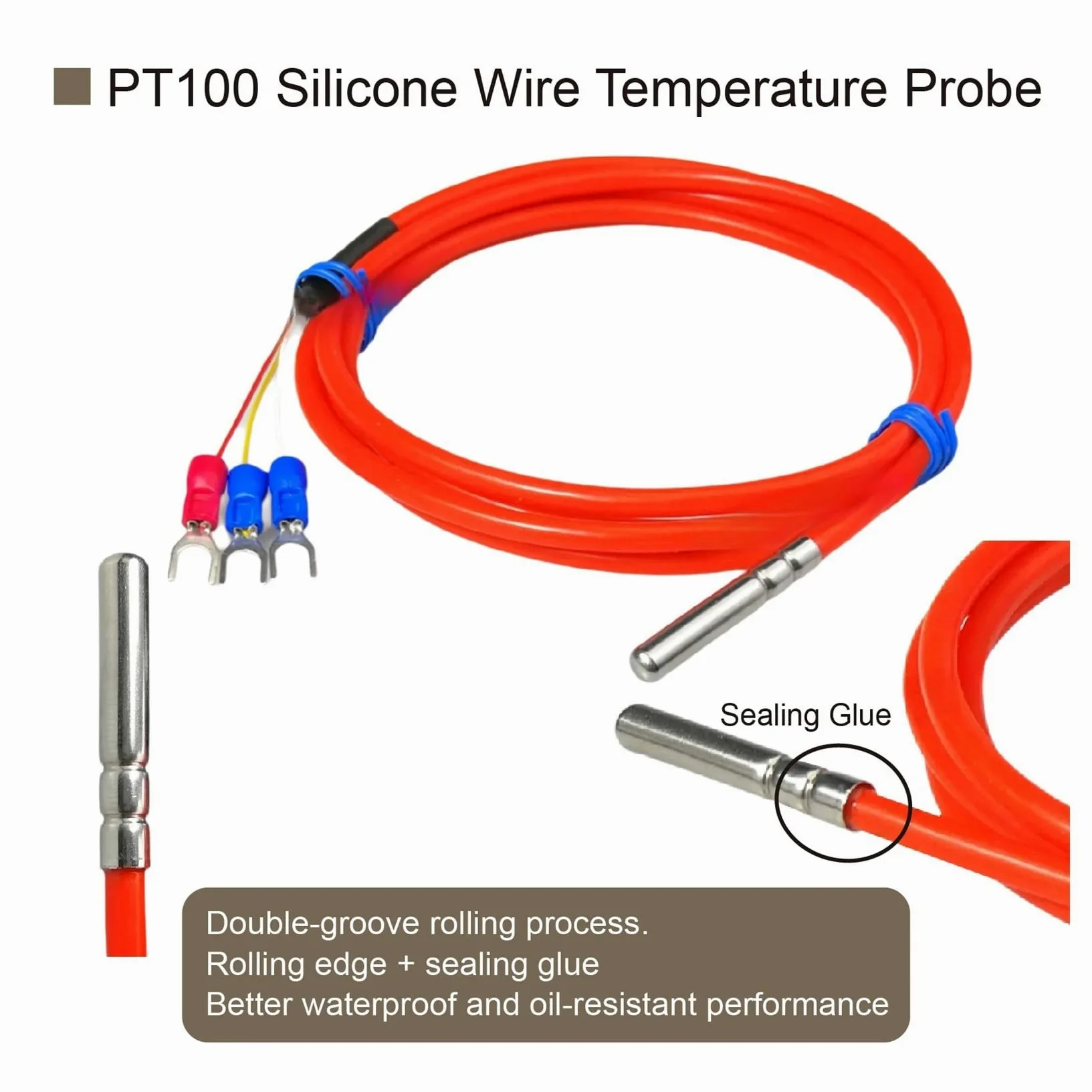 Sensor de Temperatura, Sensor PT100, sonda Cable Silicona, RTD Industrial Resistente al Calor y Aceite Acero Inoxidable(4 M)