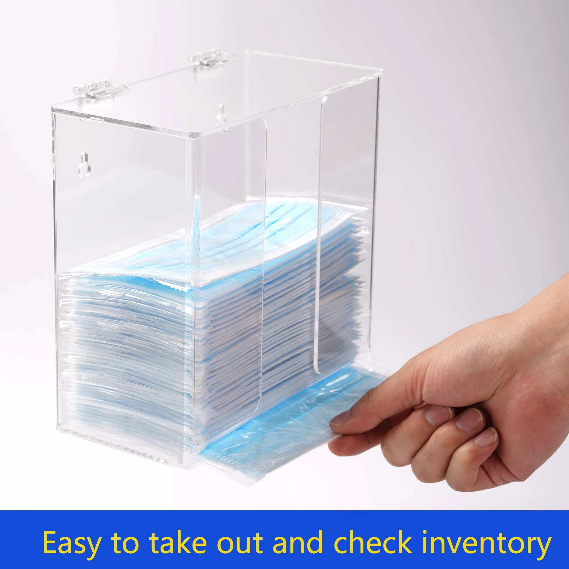 Dispensador de mascarillas Soporte de caja de acrílico para guantes con tapa, Contenedor de almacenamiento de montaje en encimera/pared para máscaras, guantes, servilleta, transparente