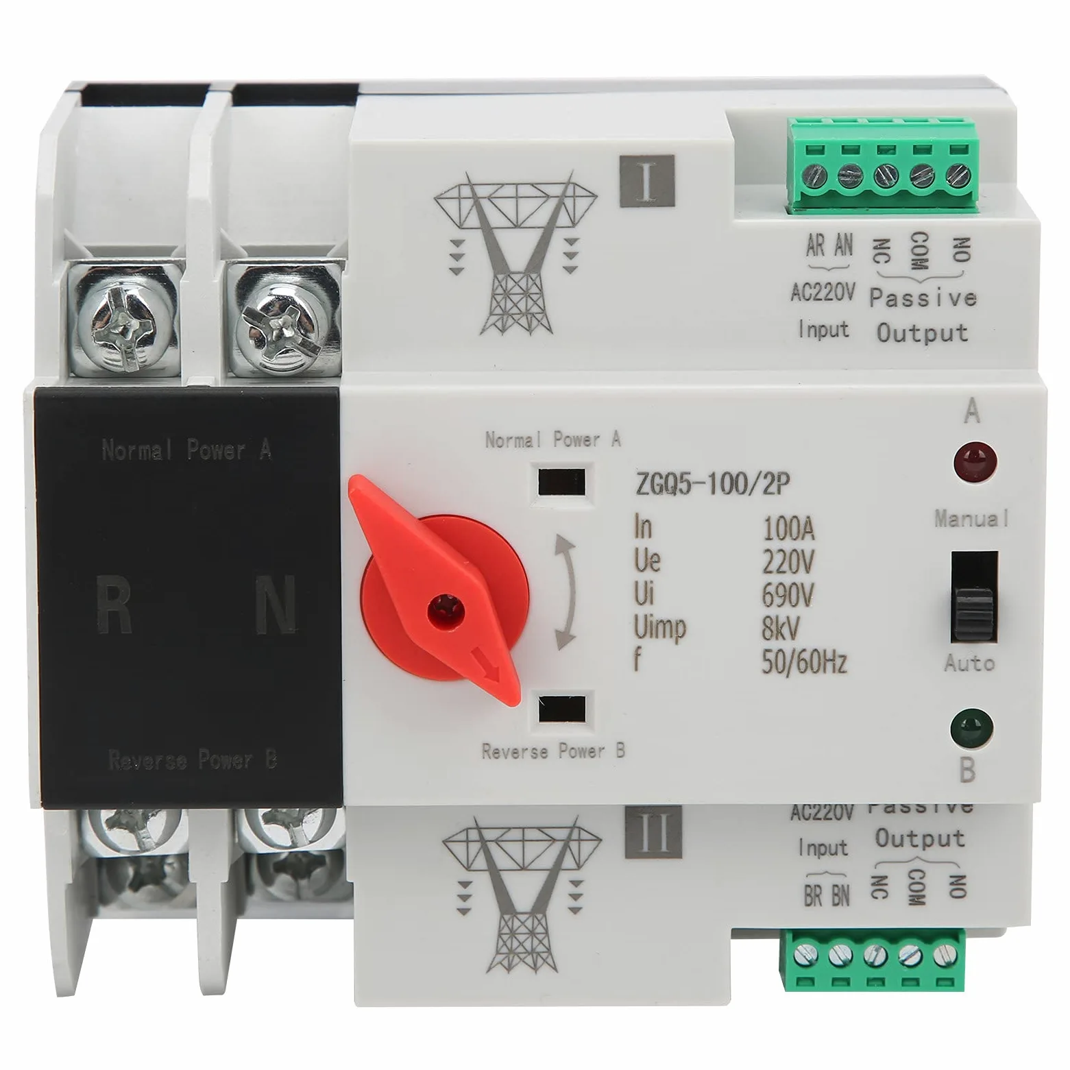 Interruptor de Transferencia, Interruptor de Transferencia Automática de Doble Potencia, ZGQ5-100/2P 220V Controlador de Interruptor de Transferencia Ininterrumpida de 2 Vías