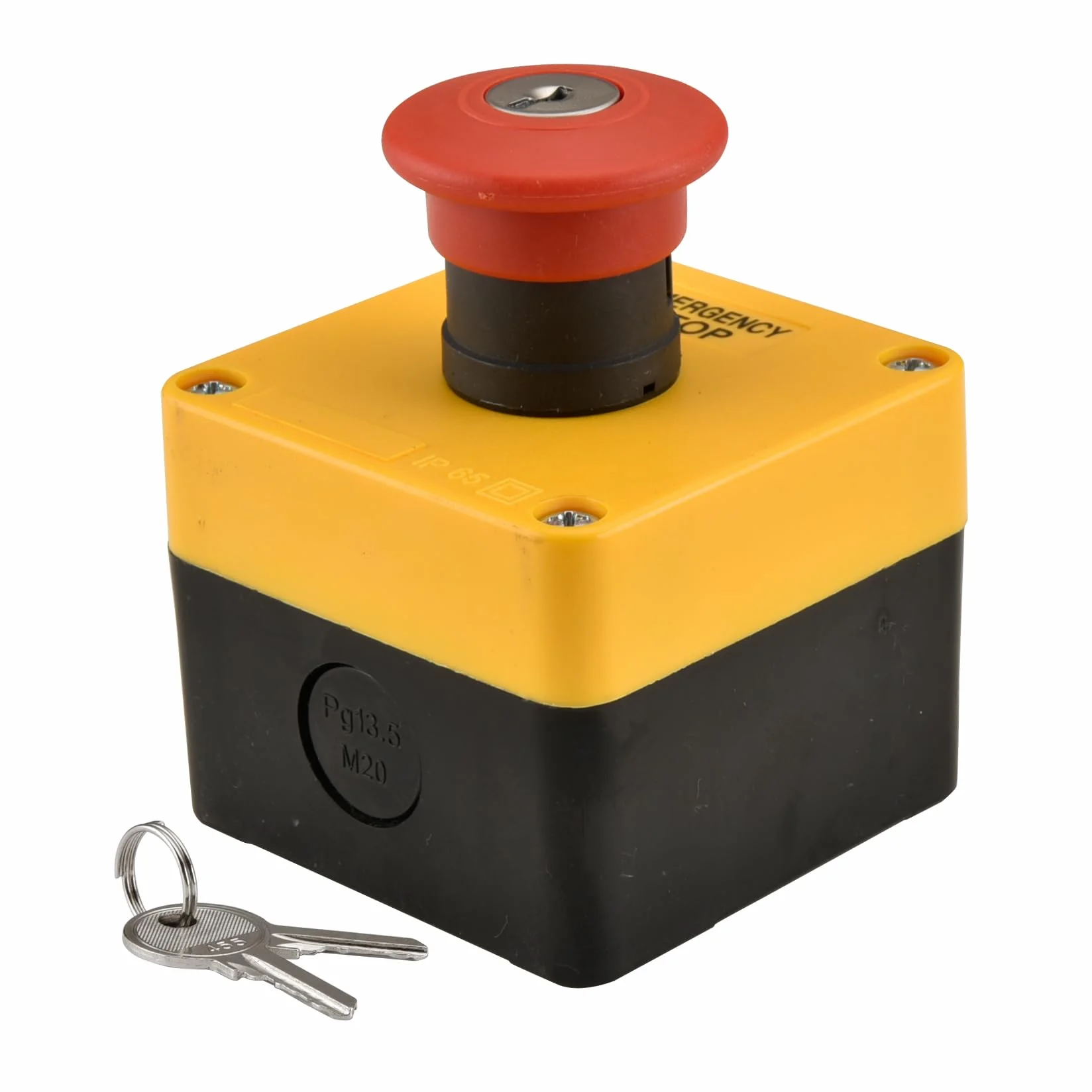 Heschen Interruptor de emergencia IP65 resistente a la intemperie con carcasa y llave, 2NC 660 V 10 A, interruptor de botón rojo con inscripción EMERGENCY STOP para industria, 1 unidad