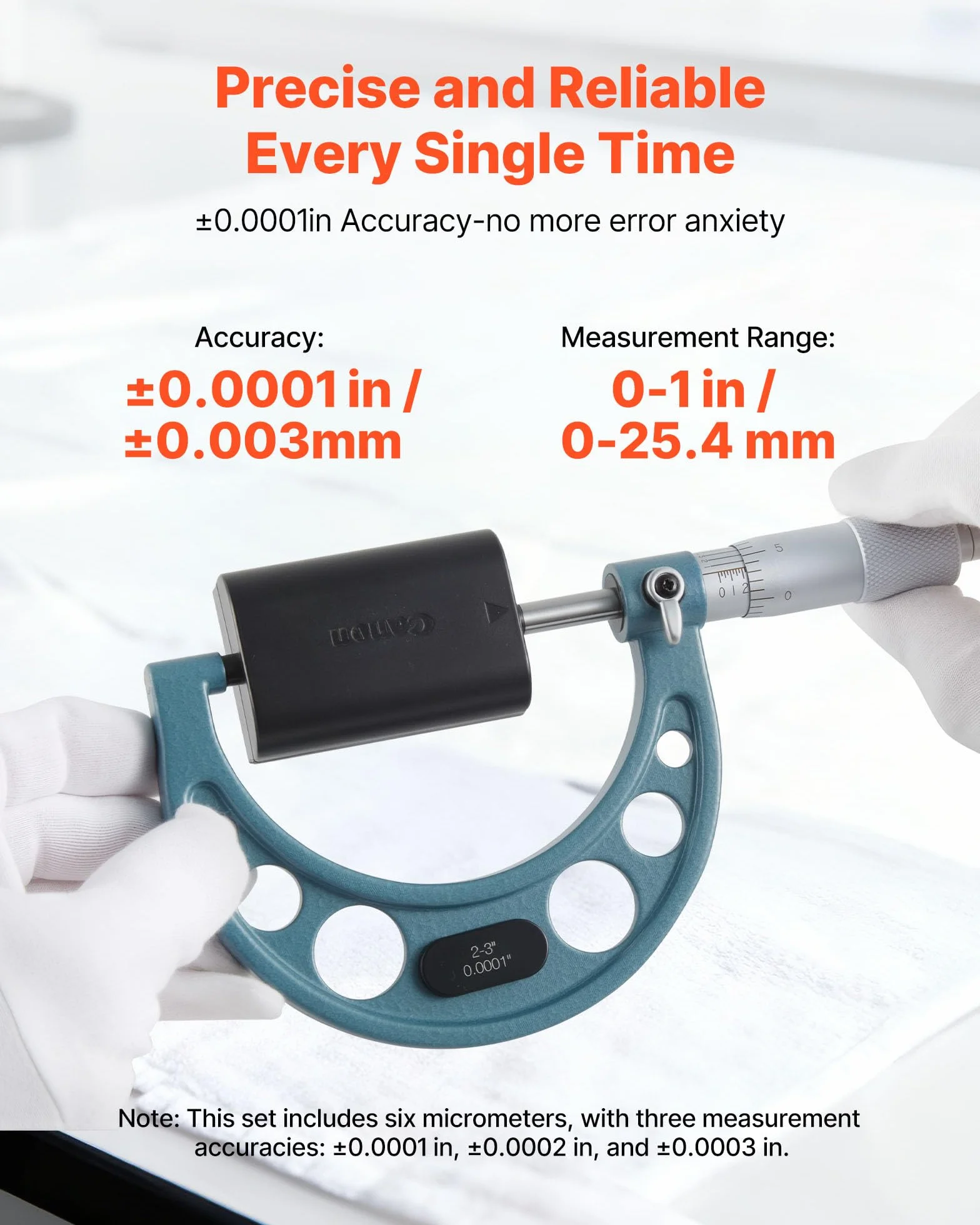 VEVOR Juego de 6 Micrómetros para Maquinista 0-15,24 cm, Precisión de 0,003 mm, Diseño Mecánico, Herramientas Profesionales con Estuche Protector, para Metalurgia e Ingeniería, 270 x 140 x 22 mm