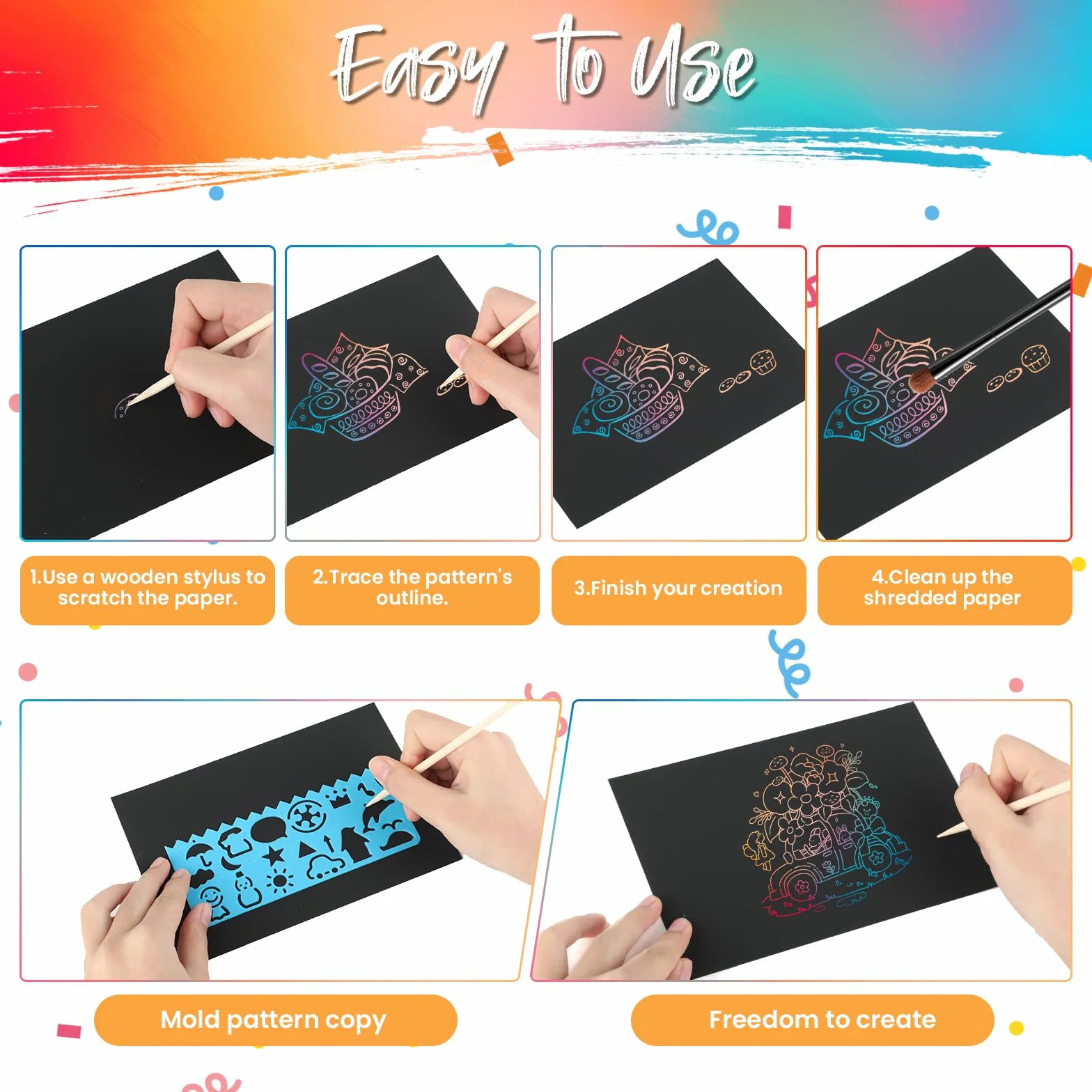 Rainbow Scratch Paper para niños – 50 hojas, 5 lápices, 4 plantillas, kit de dibujo DIY