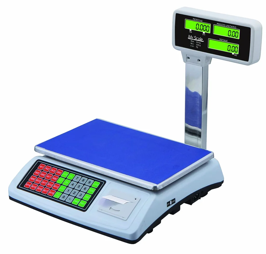 Báscula Digital Comercial 50kg con Impresora de Ticket, Balanza Electrónica de Alta Precisión 1/3000 F.S., Pantalla LED Doble, Función TARA y Cálculo de Precio, Ideal para Tienda y Frutería