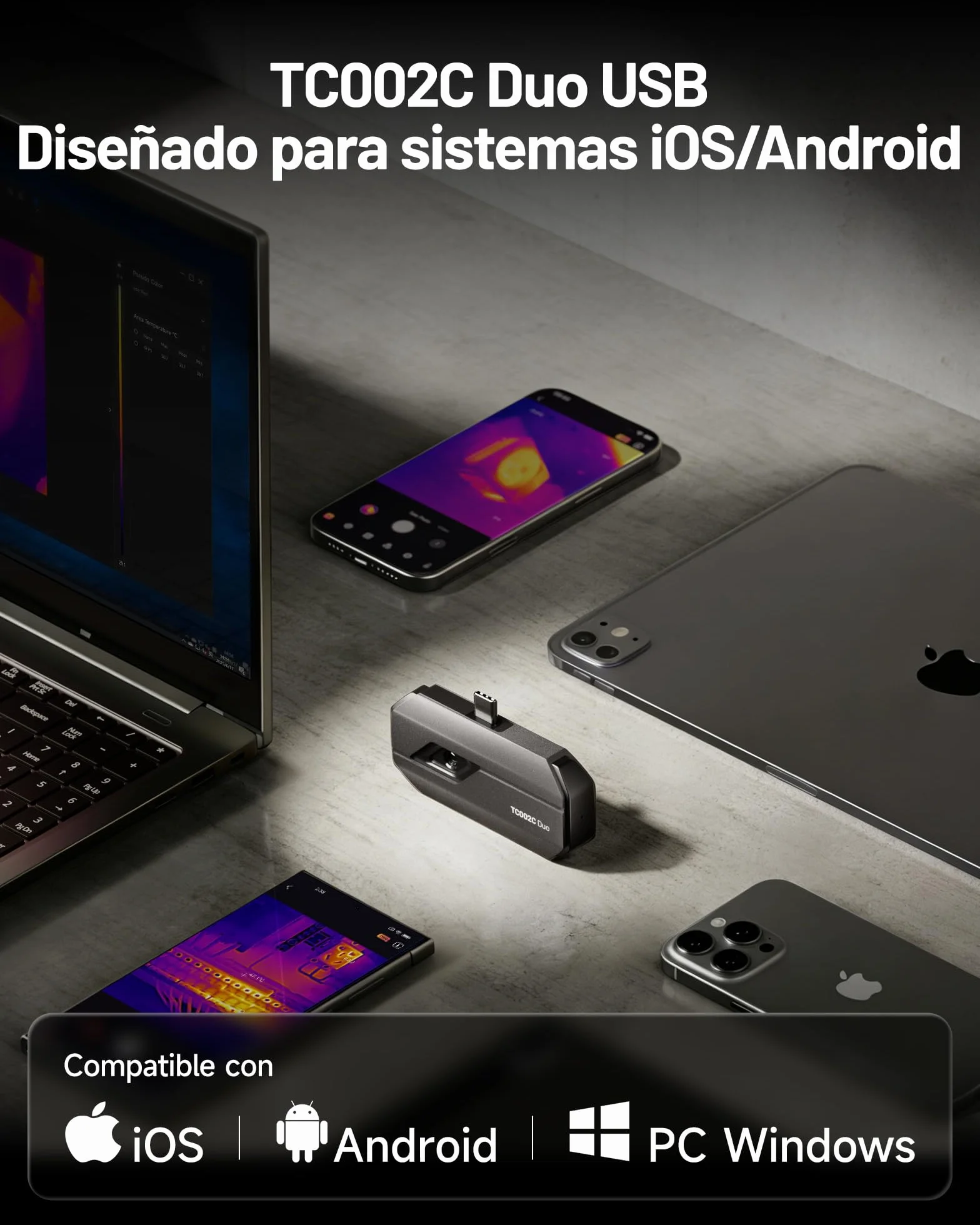 TOPDON Cámara Térmica TC002C Duo para iPhone/Android/Windows, 512x384 Resolución TISR, Cámara Termográfica de -20℃ a 550℃, 40mk Sensibilidad Térmica, 25Hz Frecuencia Actualización