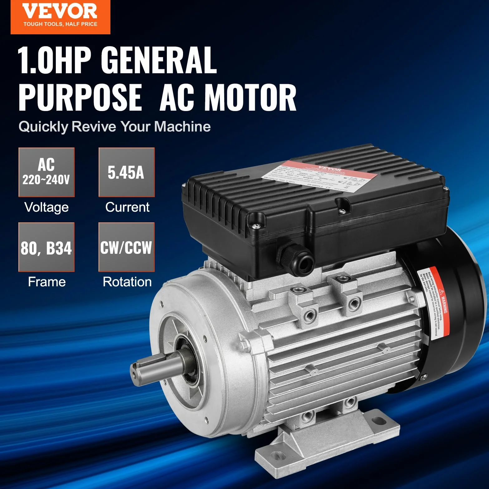 VEVOR Motor Eléctrico 0,75 kW 1400 RPM CA 220~240 V 5,45 A Marco B34 Eje 19 mm Monofásico
