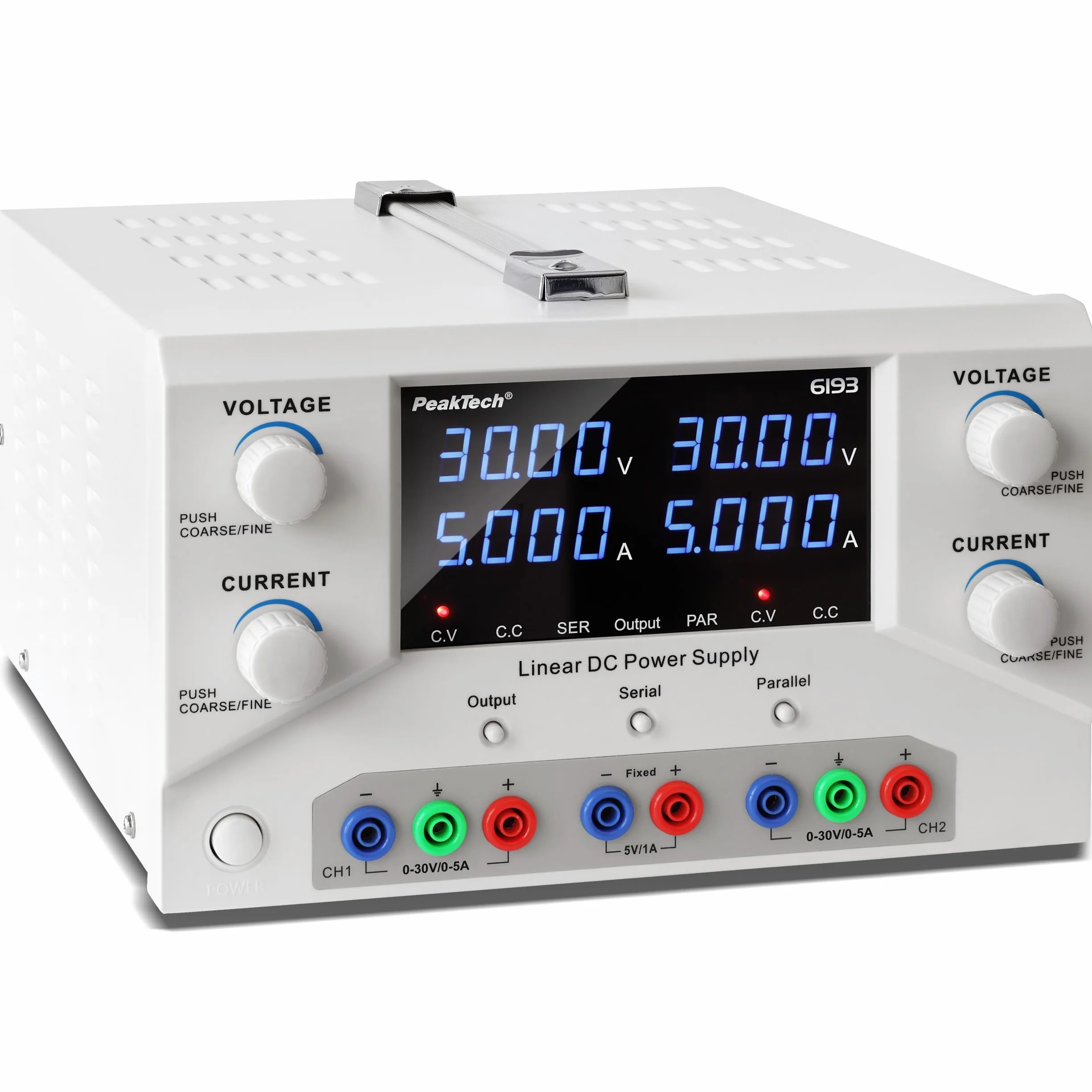 PeakTech, 6193, Fuente de alimentación de laboratorio 2 x 0, 30 V / 0, 5 A DC SELV fuente de alimentación lineal con transformador de aislamiento, fuente de alimentación de laboratorio con USB