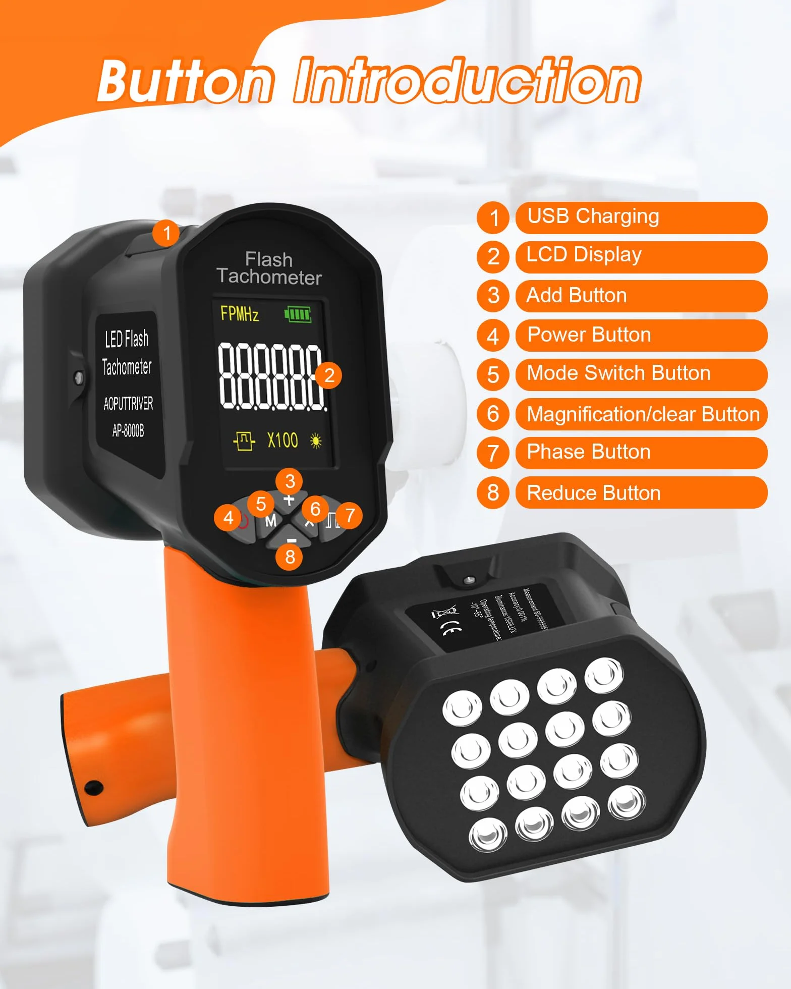 Estroboscopio LED Tacómetro Digital Sin Contacto 60-100.000 RPM Recargable USB Pantalla LCD