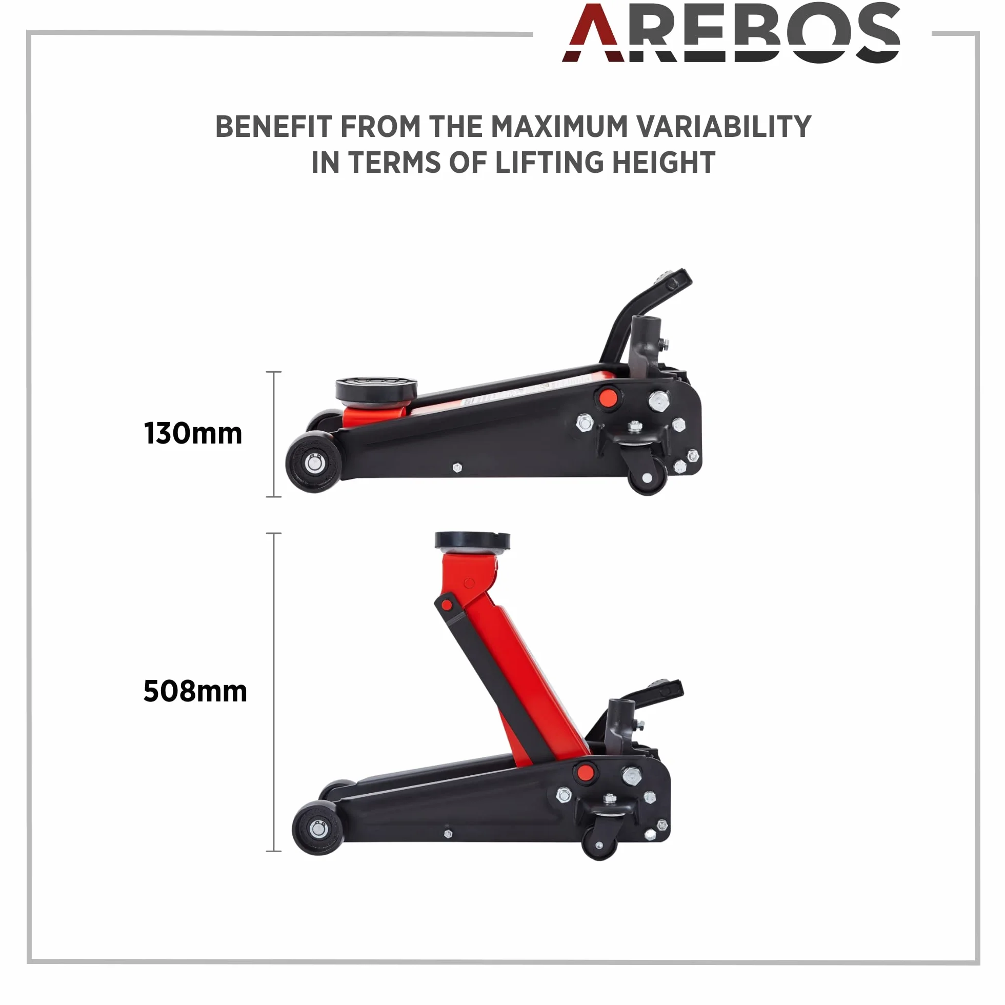 Arebos Gato hidráulico de maniobra 3T | Altura de Marcha por Debajo 130-508 mm | 2 Soportes de Goma | Gato de maniobra | Caballete KFZ Auto PKW