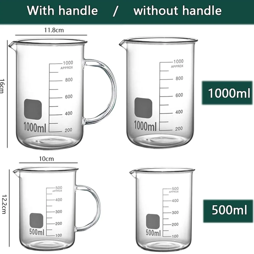 Vaso de vidrio 500ml 1000ml taza medidora borosilicato con mango for cocina laboratorio(500ml handle)