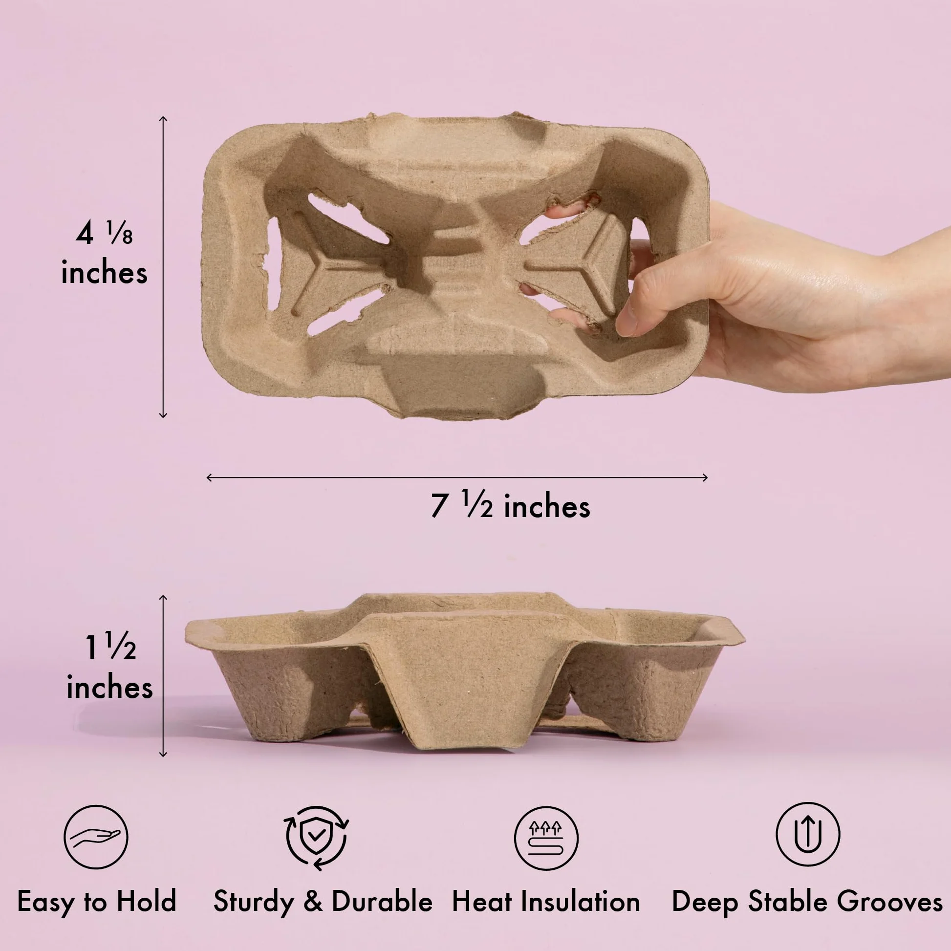[Paquete de 100] Bandeja portadora de bebidas de fibra de pulpa biodegradable, contenedor de 2 tazas, compostable, apilable, ecológico, soporte de transporte para bebidas calientes y frías