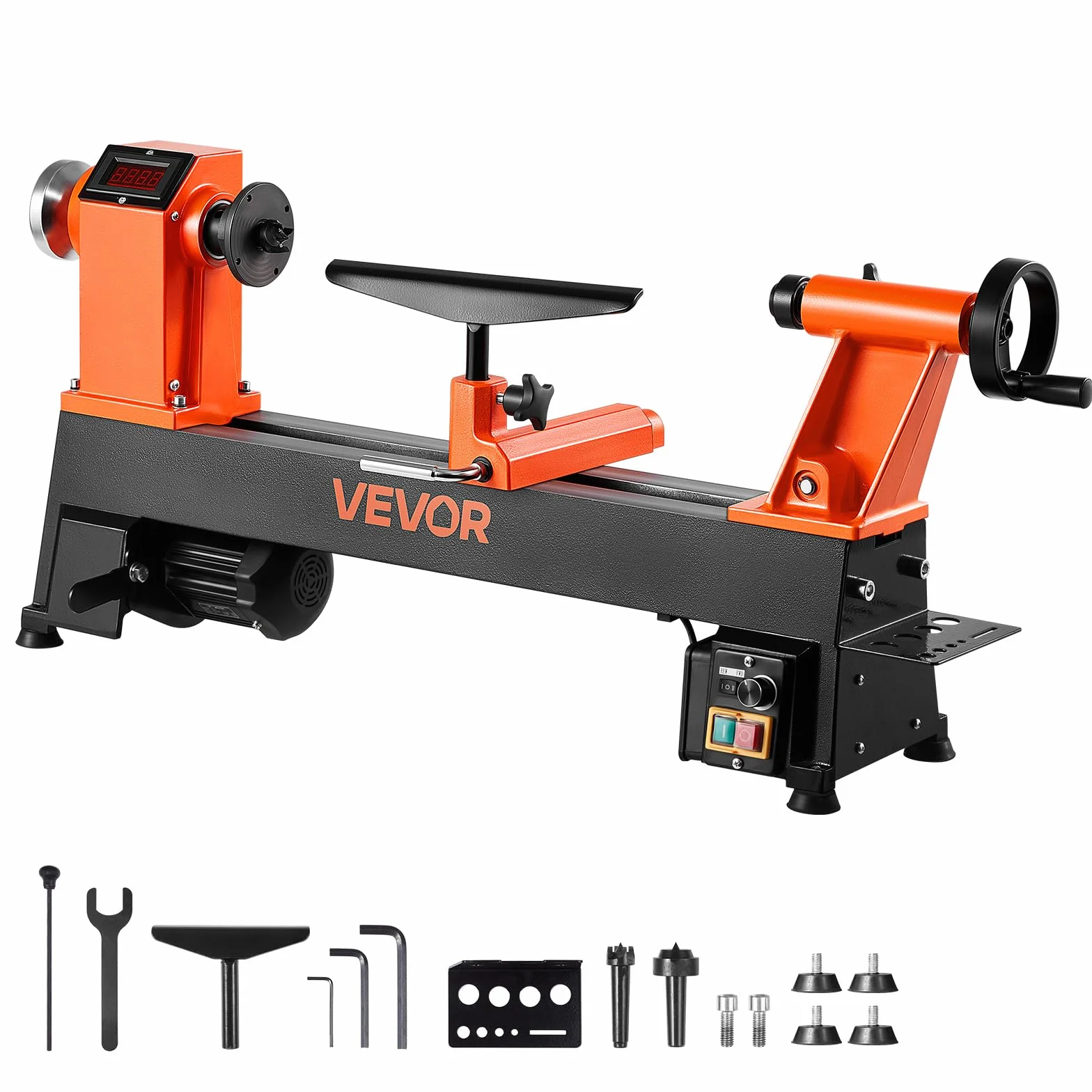 VEVOR 750 W Torno de Sobremesa de Carpintería con Velocidad Variable de 150 a 3800 RPM, Banco de Trabajo de 304 x 465 mm, Motor de CC sin Escobillas, Construcción de Hierro Fundido para Bricolaje