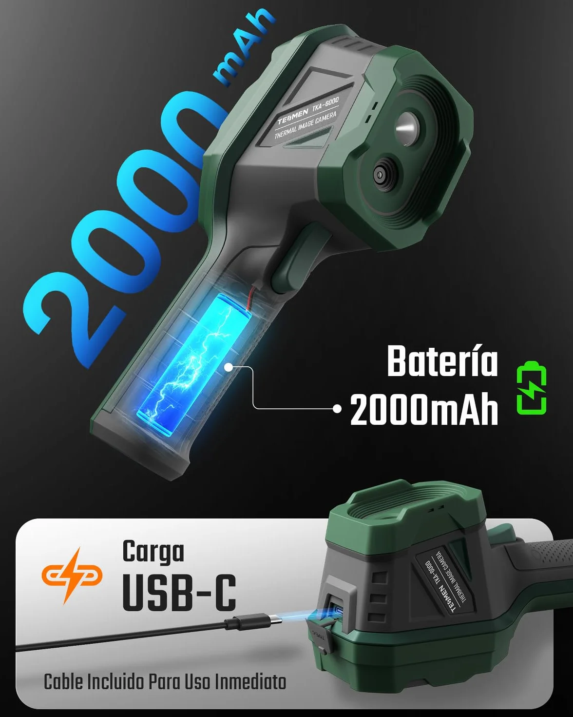 TESMEN TKA-6000 Cámara Térmica, -20°C~550°C, Portátil 25 Hz, TISR 240x240, Ultra-sensible 40mK, Seguimiento en Vivo para Mantenimiento del Hogar, Inspección de Fugas y HVAC