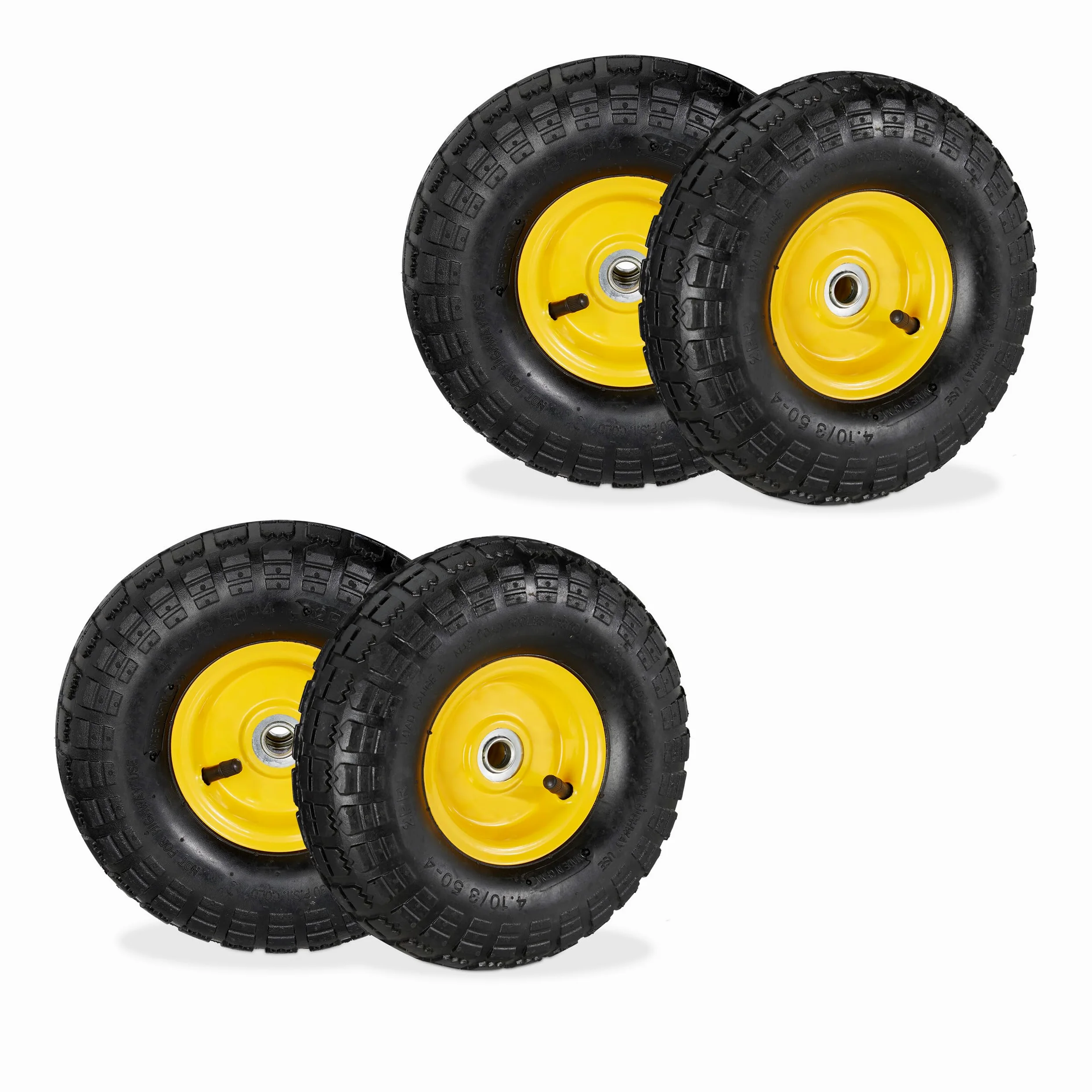 Relaxdays 4 Ruedas de Carro, 4.10/3.50-4, Neumáticas, Eje 16 mm, 136 kg, Llantas de Acero, 260 x 85 mm, Negro y Amarillo