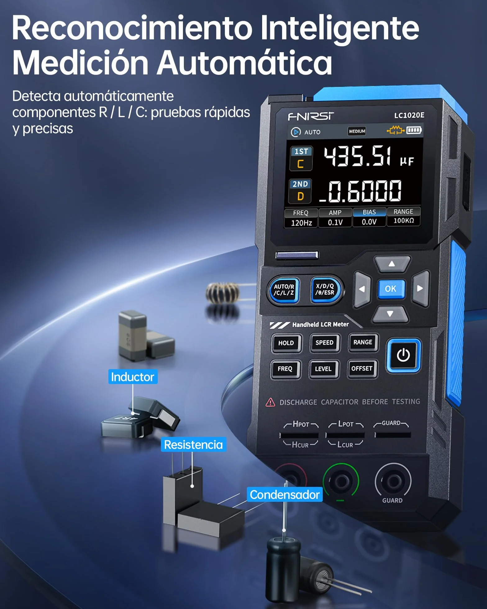 FNIRSI LC1020E Medidor Digital LCR 100kHz, Tester de Resistencia Inductor Condensador, 19999 Cuentas, Detección Auto de Componentes, Mide ESR/Q/D/θ/X, Pantalla Dual, Calibración Apertura Cortocircuito