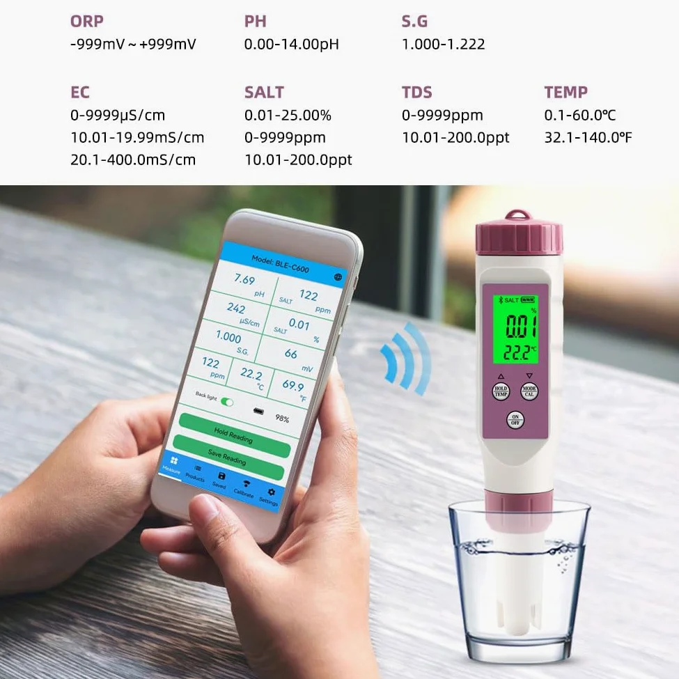 Probador de calidad del agua 7 en 1 para agua potable, acuarios y piscinas, pH TDS EC ORP Salinidad específica medidor de gravedad y temperatura