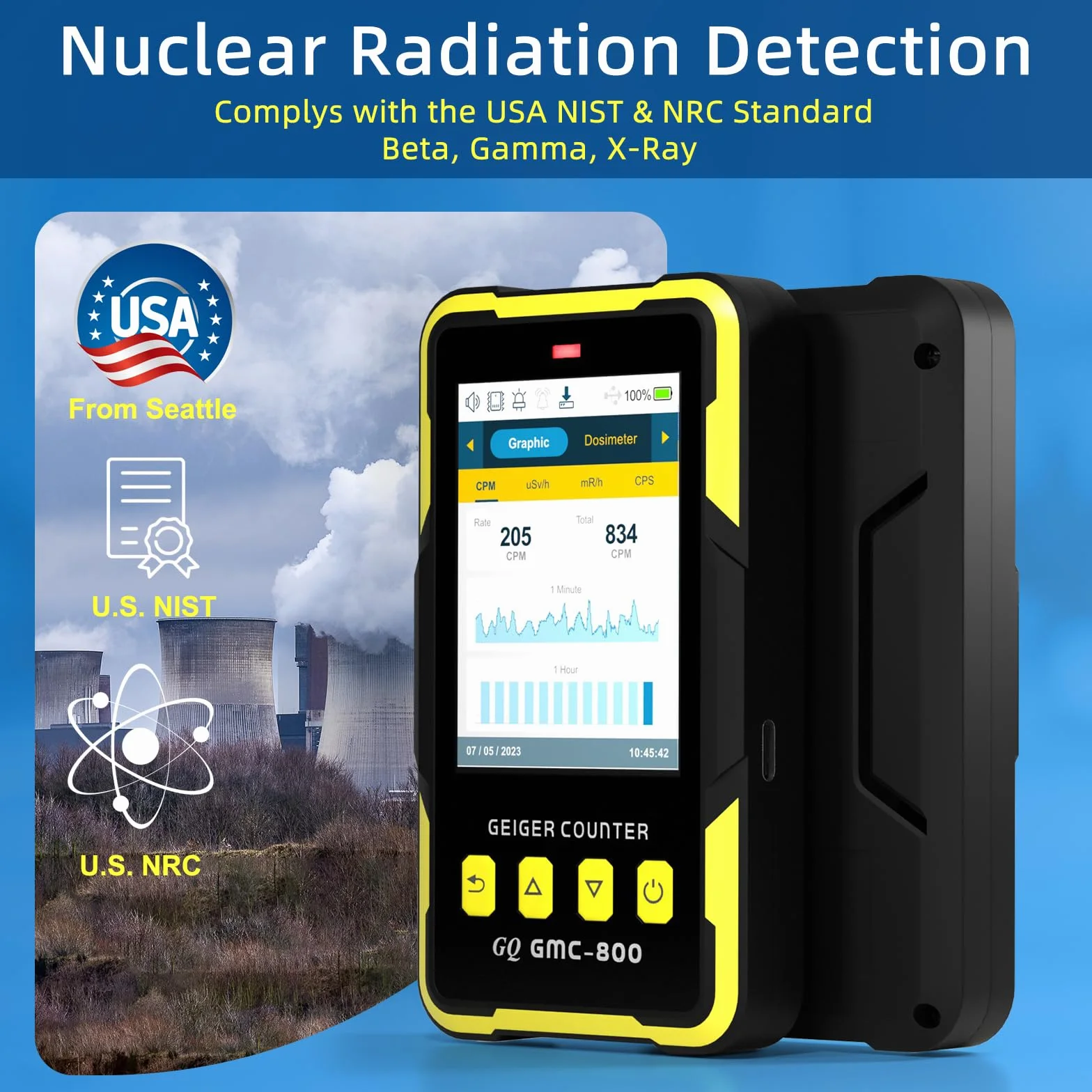 Detector de Radiación Nuclear GQ GMC-800 Diseño de EE.UU. Producto de Estándar Nacional de EE.UU. Dosímetro Registrador de Datos & Compartición Global Beta Gamma Rayos X Multifunción Contador Geiger.