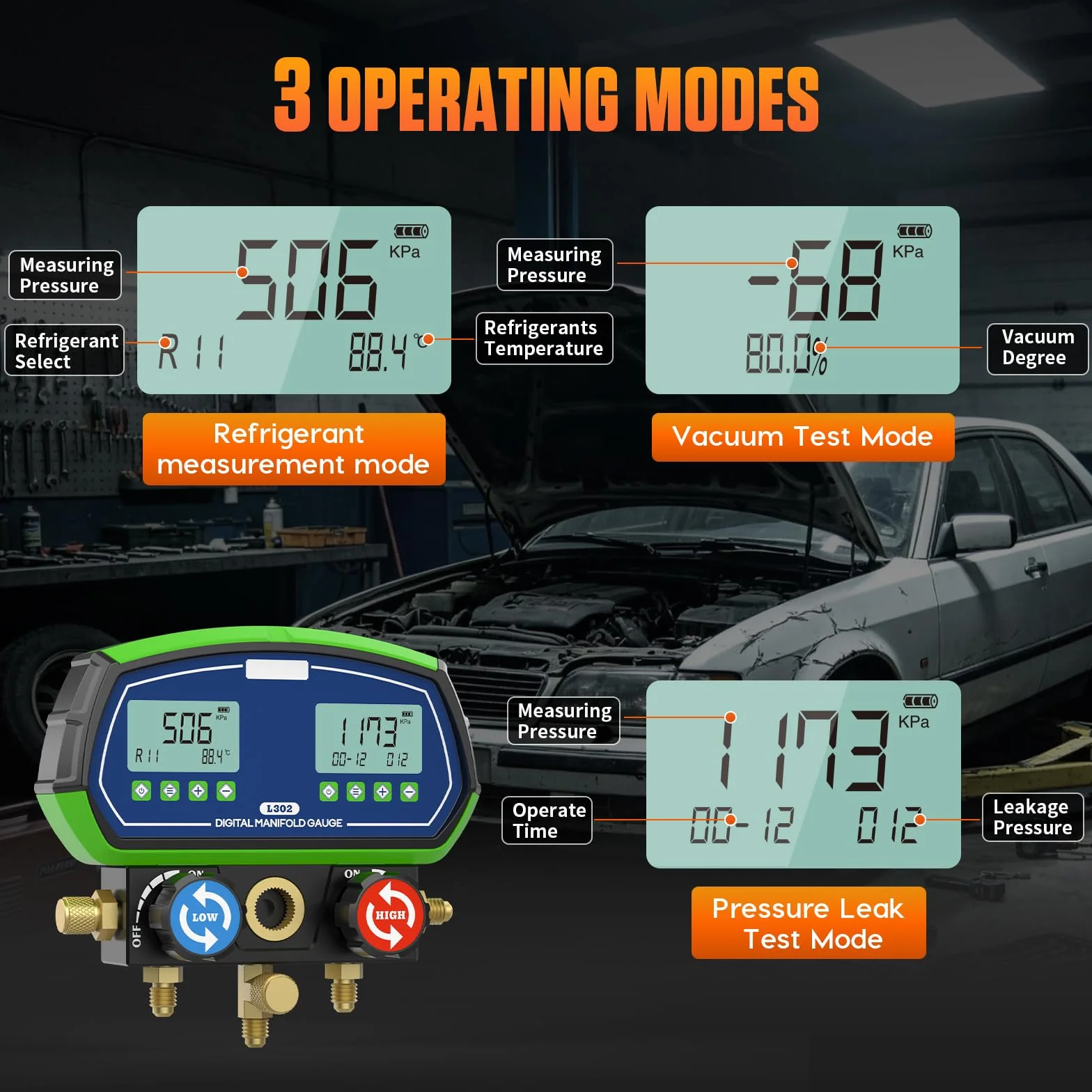Manómetro Digital de Colector, L302 Indicador de Refrigerante HVAC Medidor de Colector para R32 R134a R410a 90 etc, Terminador Mecánico de Colector Inteligente (L302)