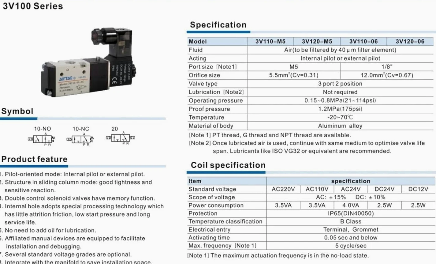 Electroválvula neumática de gas 3/2 3V210-08NC, 3V110-06NC, 3V310-10NC, 3V410-15NC(3V410-15NC-AC220V)