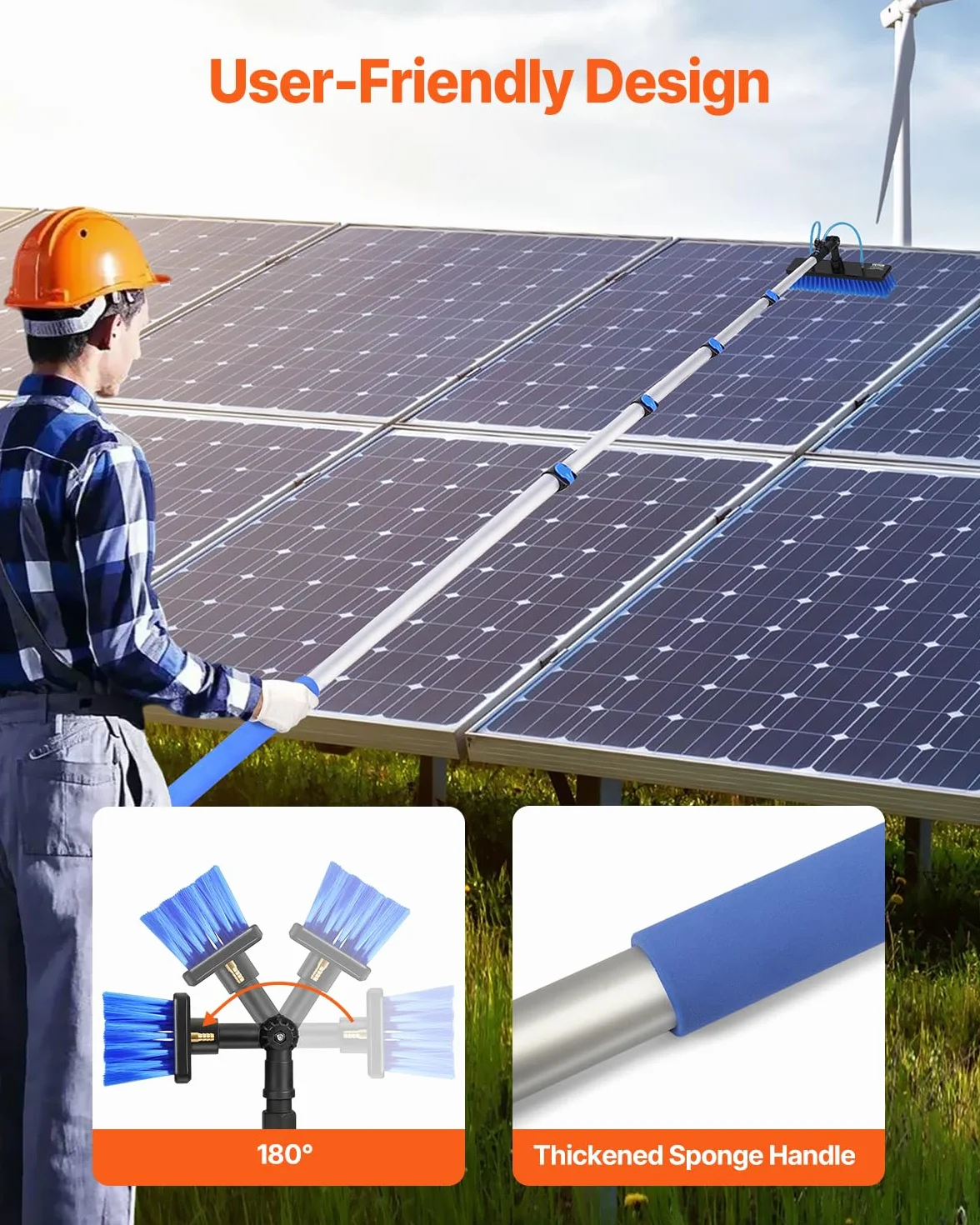 VEVOR Kit de Barra de Alimentación de Agua, Barra de Limpieza de Paneles Solares de 9 m con Mango Extensible, Cabezal de Cepillo Giratorio de 180° y Manguera de 20 m, para el Hogar y Exteriores