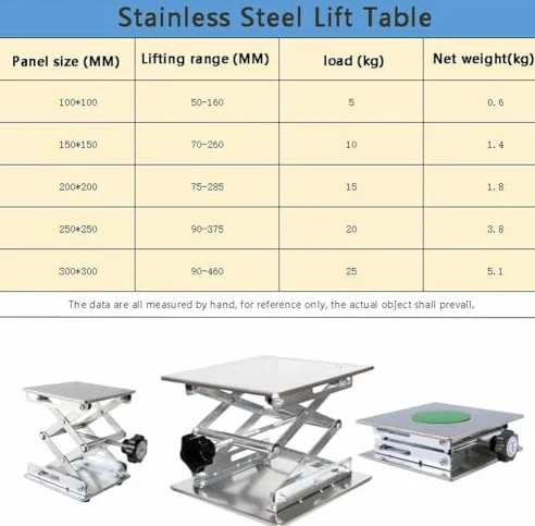 Mesa de elevación de laboratorio de acero inoxidable, gato de laboratorio portátil ajustable con control de altura para cargas de 5 a 25 kg, plataforma de 300 x 300 mm para un fácil movimiento y