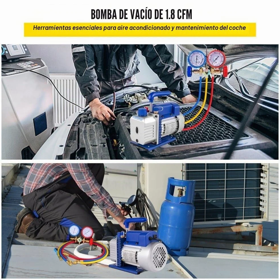 Bomba de Vacío 1,8CFM 1/4HP 220V / 50-60Hz para Aire Acondicionado Bomba de Vacío Coche con Medidor De Colector 1440 TR/Min Anti-Reflujo Aceite para Aire Acondicionado Coche Automotriz Refrigerador