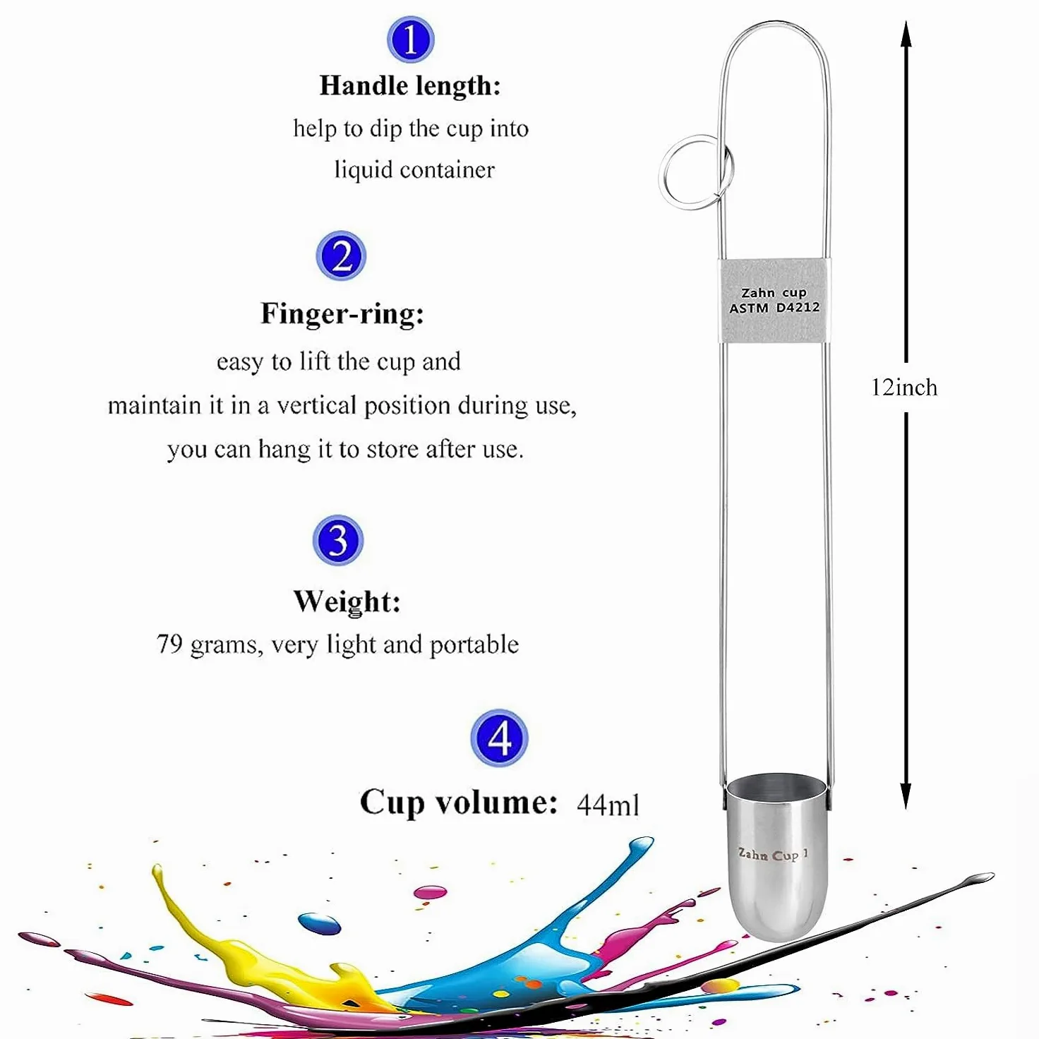 Vaso de viscosidad, viscosímetro de acero inoxidable tipo inmersión para medición de alta viscosidad, capacidad de 44 ml para acabados de pintura y aceite