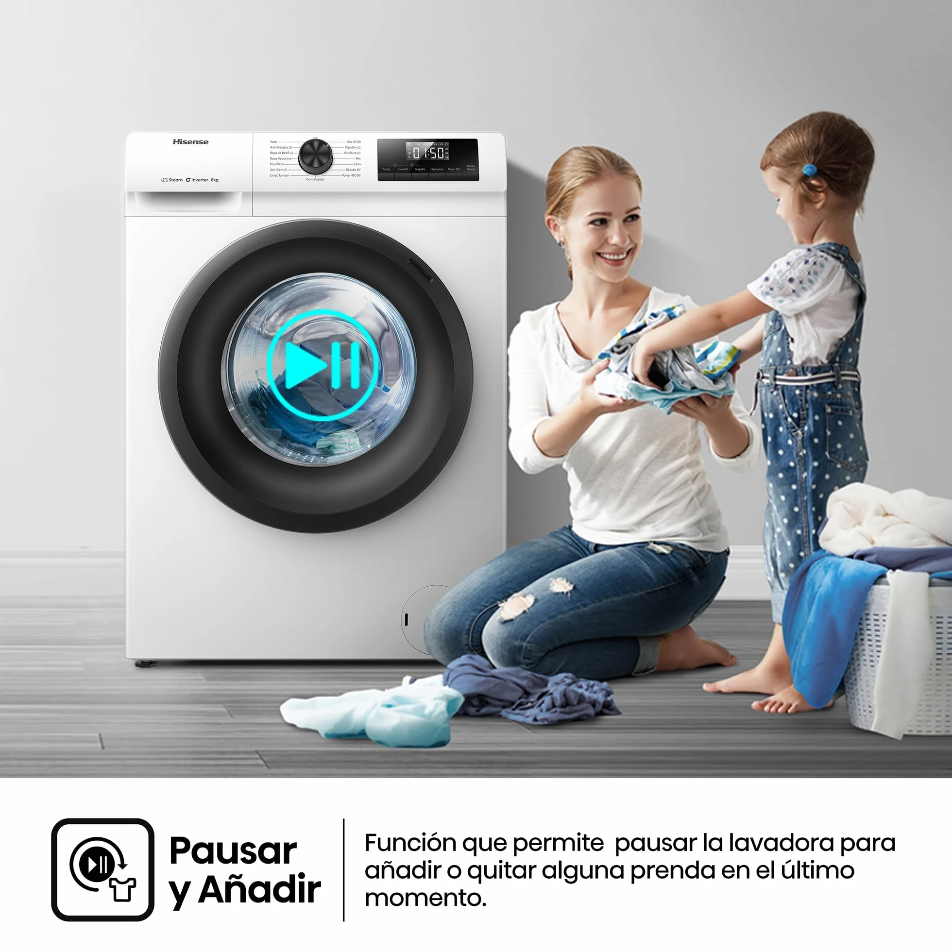 Hisense Lavadora 8 Kg 1400 rpm Clase A 85x60 cm Blanco Vapor 99,9% Inverter