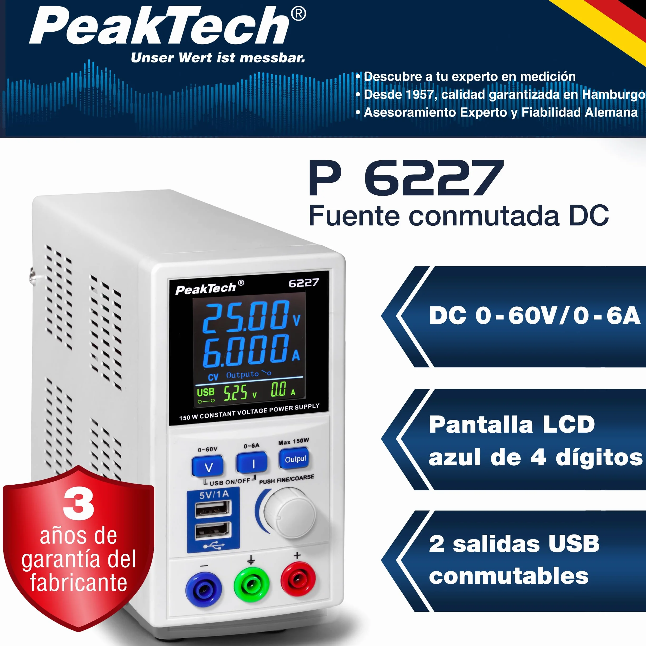 PeakTech P 6227 - DC switching power supply 0-60 V / 0-6 A with color LCD & 2 x USB