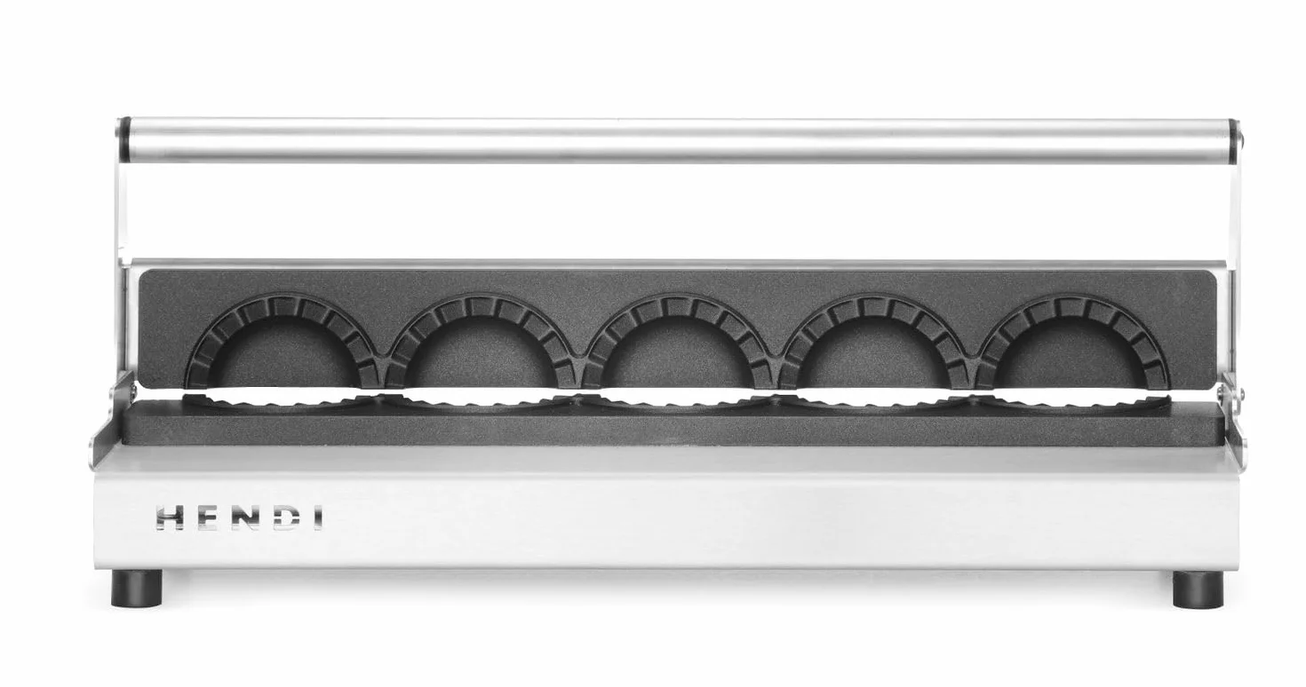 HENDI Máquina para hacer empanadillas, manual, molde para preparar 5 dumplings a la vez, revestimiento antiadherente, presión uniforme, prensa para pastas rellenas, 470x140x(H)95mm, acero inoxidable