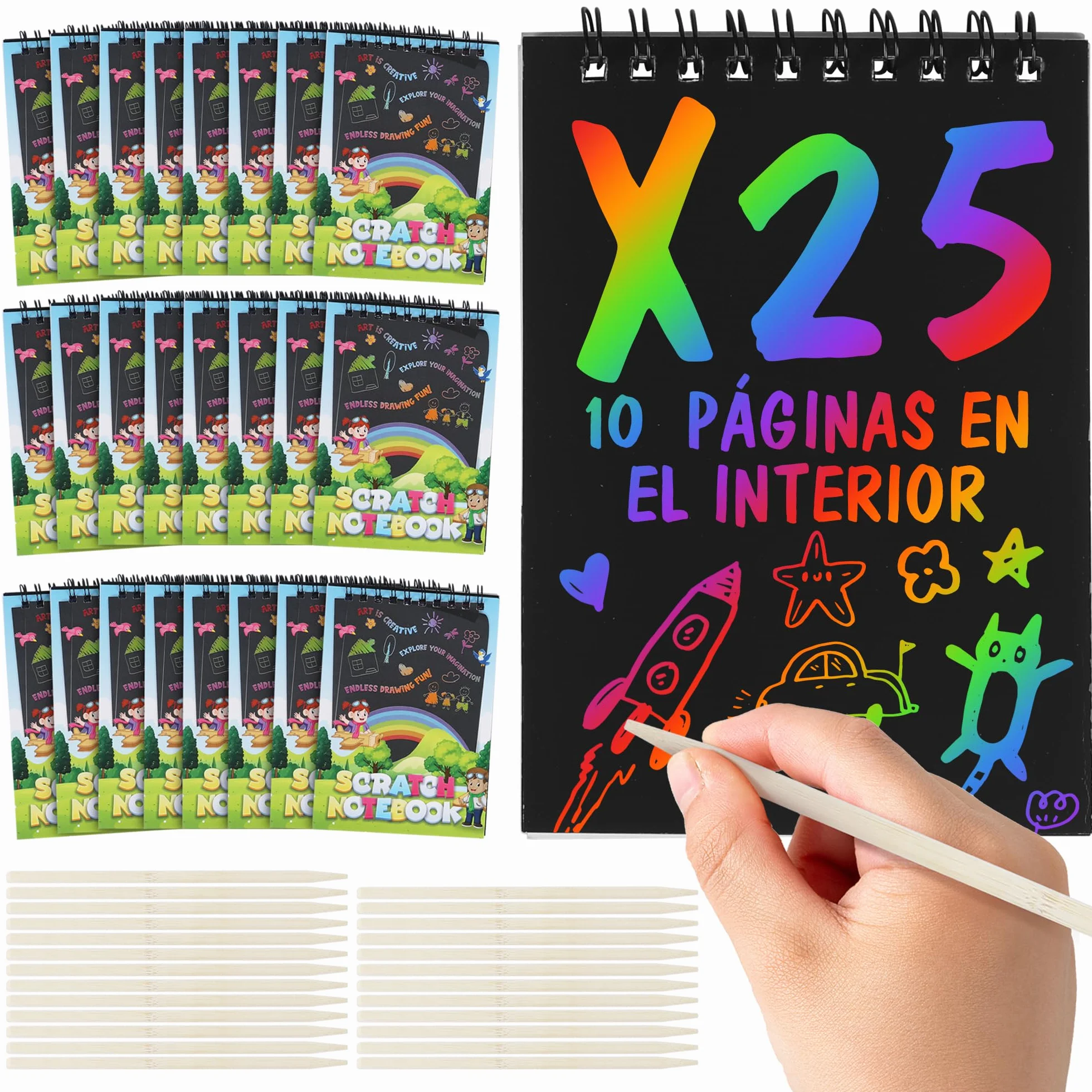 25 Pack Regalos Cumpleaños Niños Colegio - Libretas Scratch Art Manualidades Dibujo Papel Rascar 4-8 Años