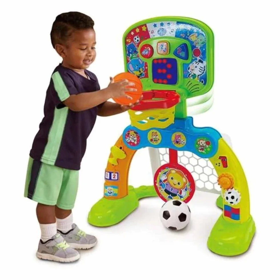 VTech Baby Centro de Deportes Basket-GOL Portería fútbol Canasta Baloncesto Diana Efectos Especiales respuestas interactivas Tres Pelotas Marcador LED versión ESP