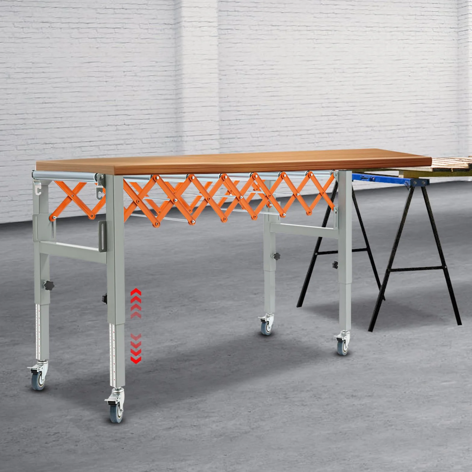 Rodillo transportador ajustable de tijeras, altura ajustable, rodillo transportador extensible de 46 a 130 cm, mesa de metal para transportadores ligeros, capacidad de carga de 50 kg