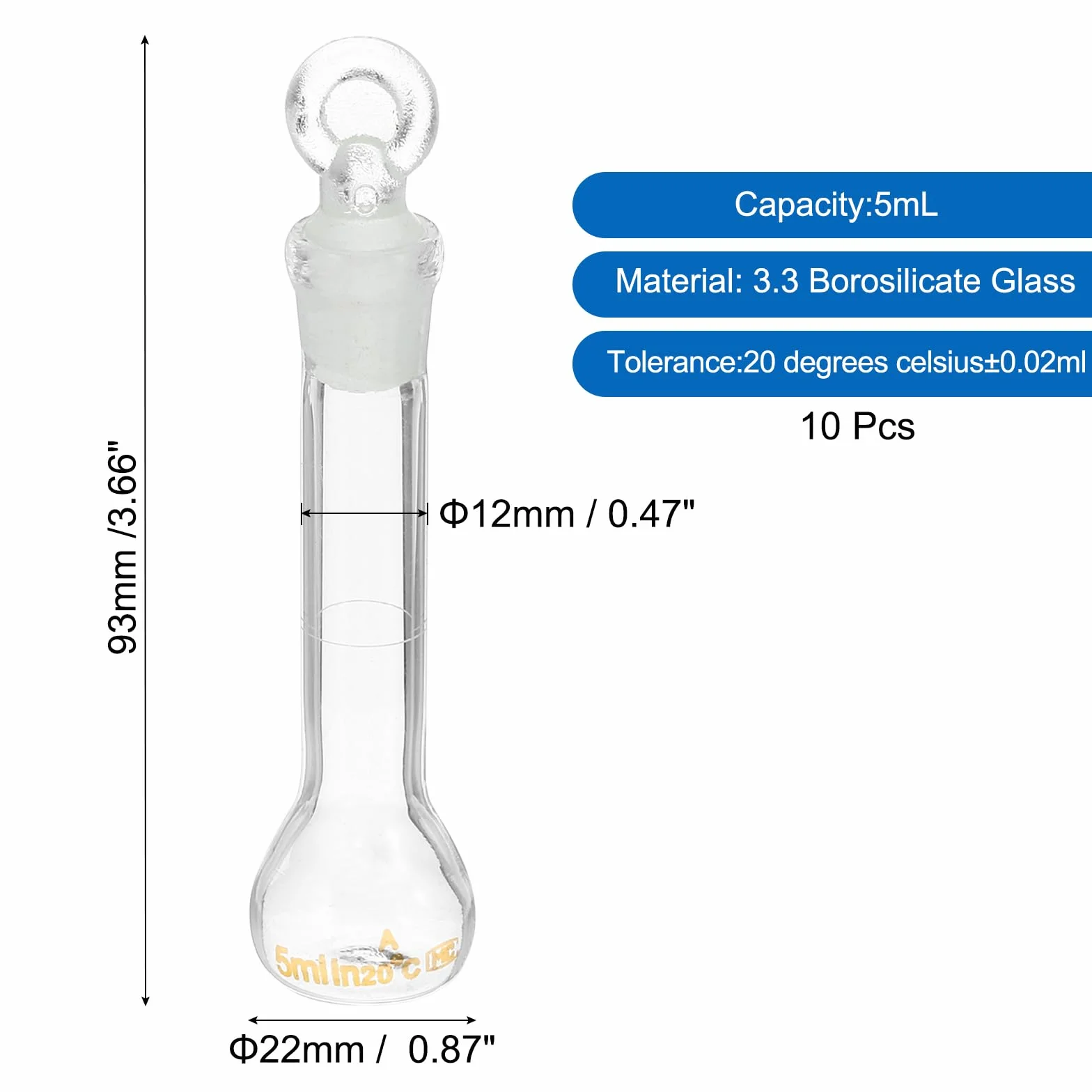 Matraz Volumétrico 5 ml, 10 Unidades Vidrio Borosilicato 3.3 con Tapón, Tolerancia 0.22 ml