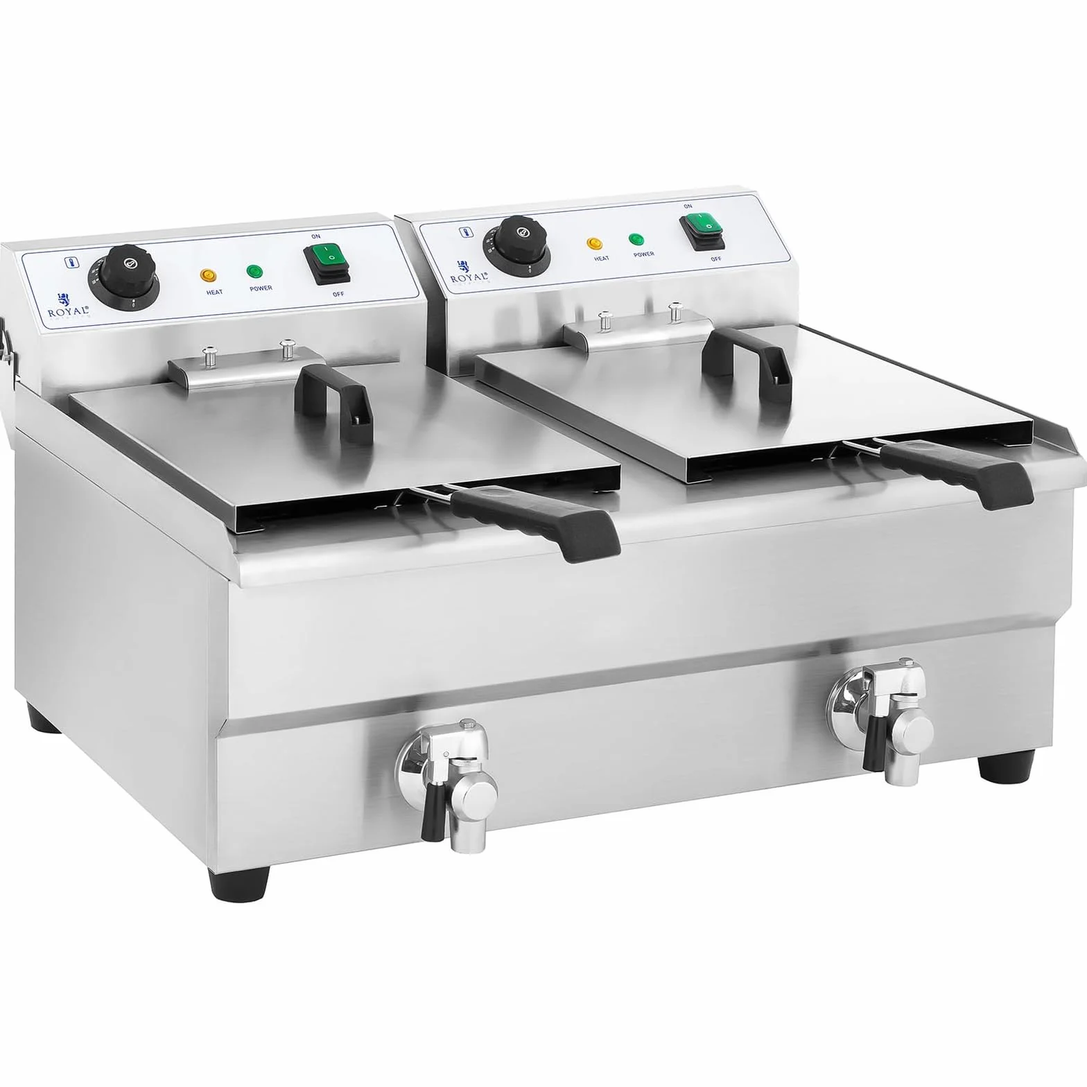 Royal Catering Freidora Electrica Profesional Doble RCEF 16DH-1 (2 x 16 L, 2 x 3 200 Watt, Termostato, 2 Grifos de vaciado, Acero inoxidable)